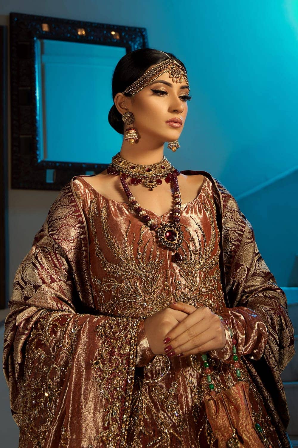 Coral Zardozi Tissue Shirt with Red Satin Gharara (3-Piece) - Image 2