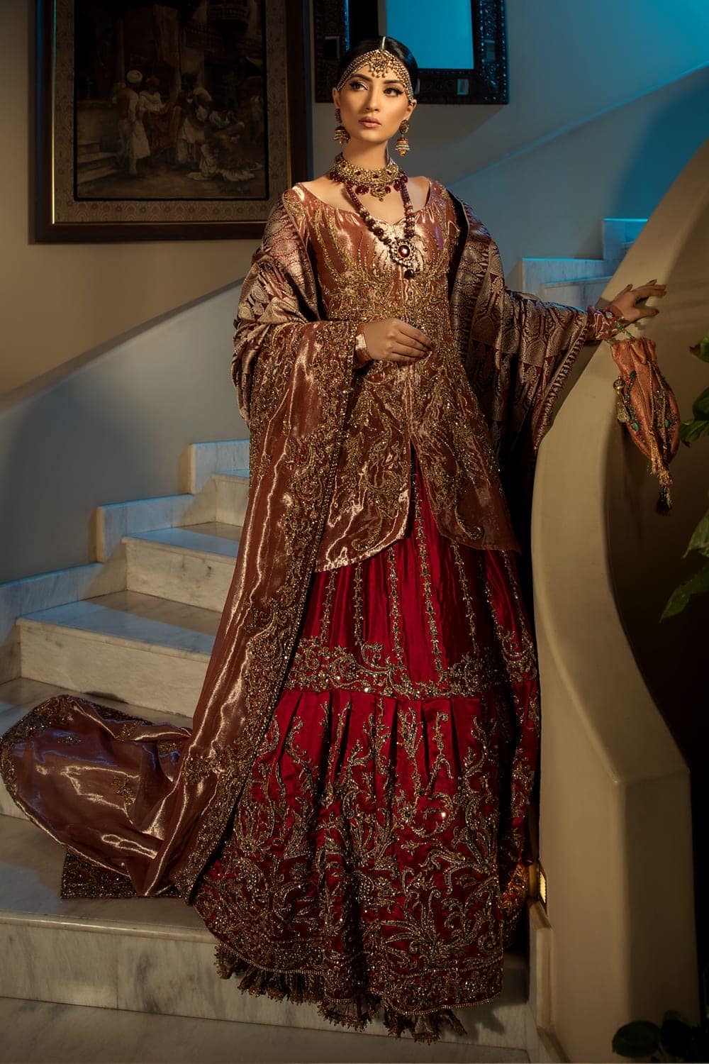 Coral Zardozi Tissue Shirt with Red Satin Gharara (3-Piece) - Image 3