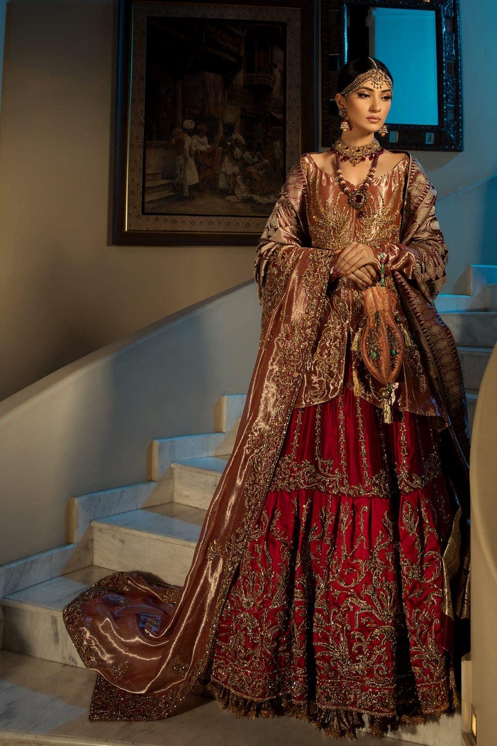 Coral Zardozi Tissue Shirt with Red Satin Gharara (3-Piece) - Image 4