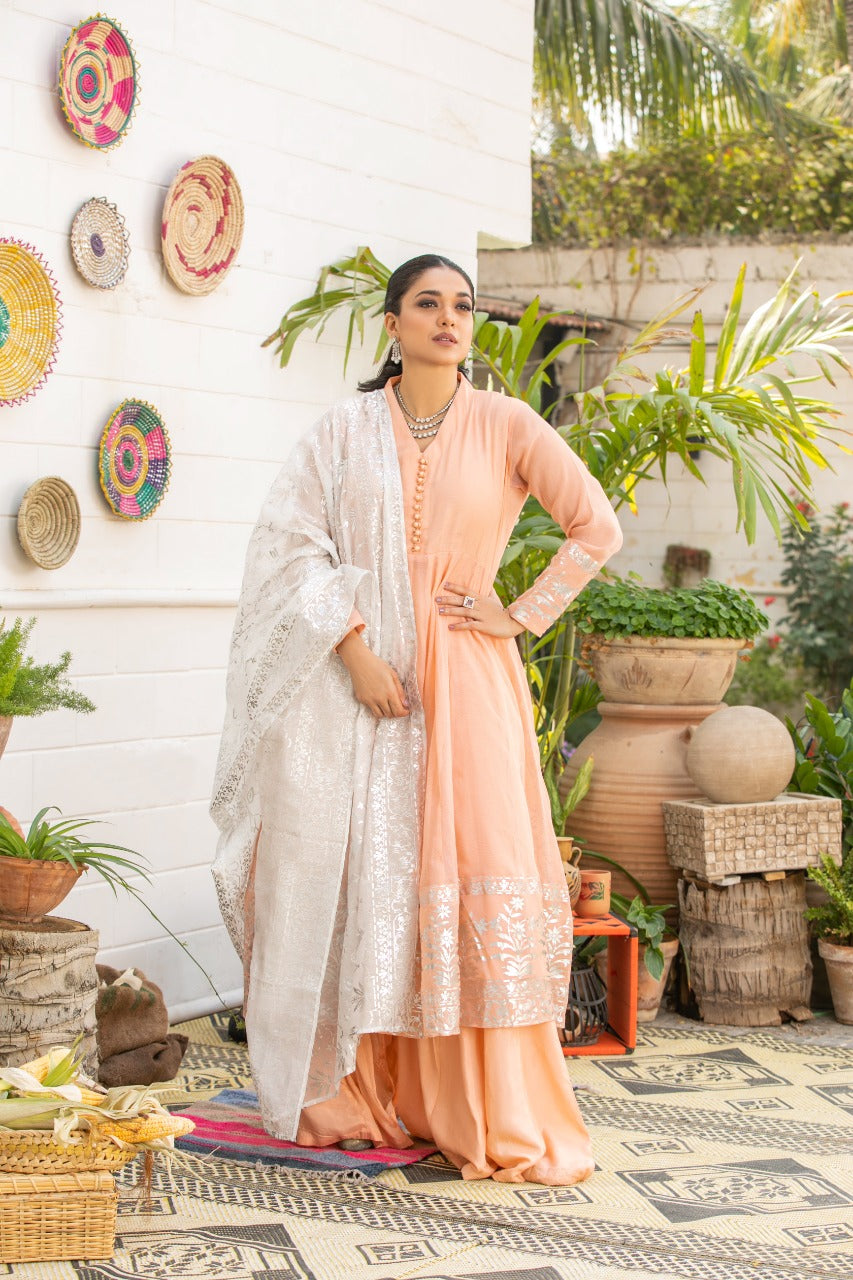 Peach Foil-Printed Peshwas Gharara (3-Piece) - Image 1
