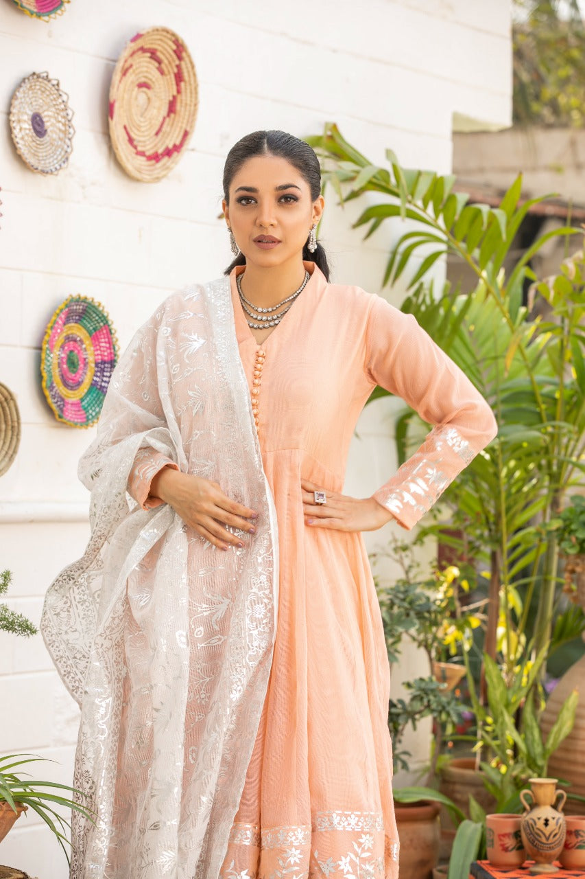 Peach Foil-Printed Peshwas Gharara (3-Piece) - Image 2