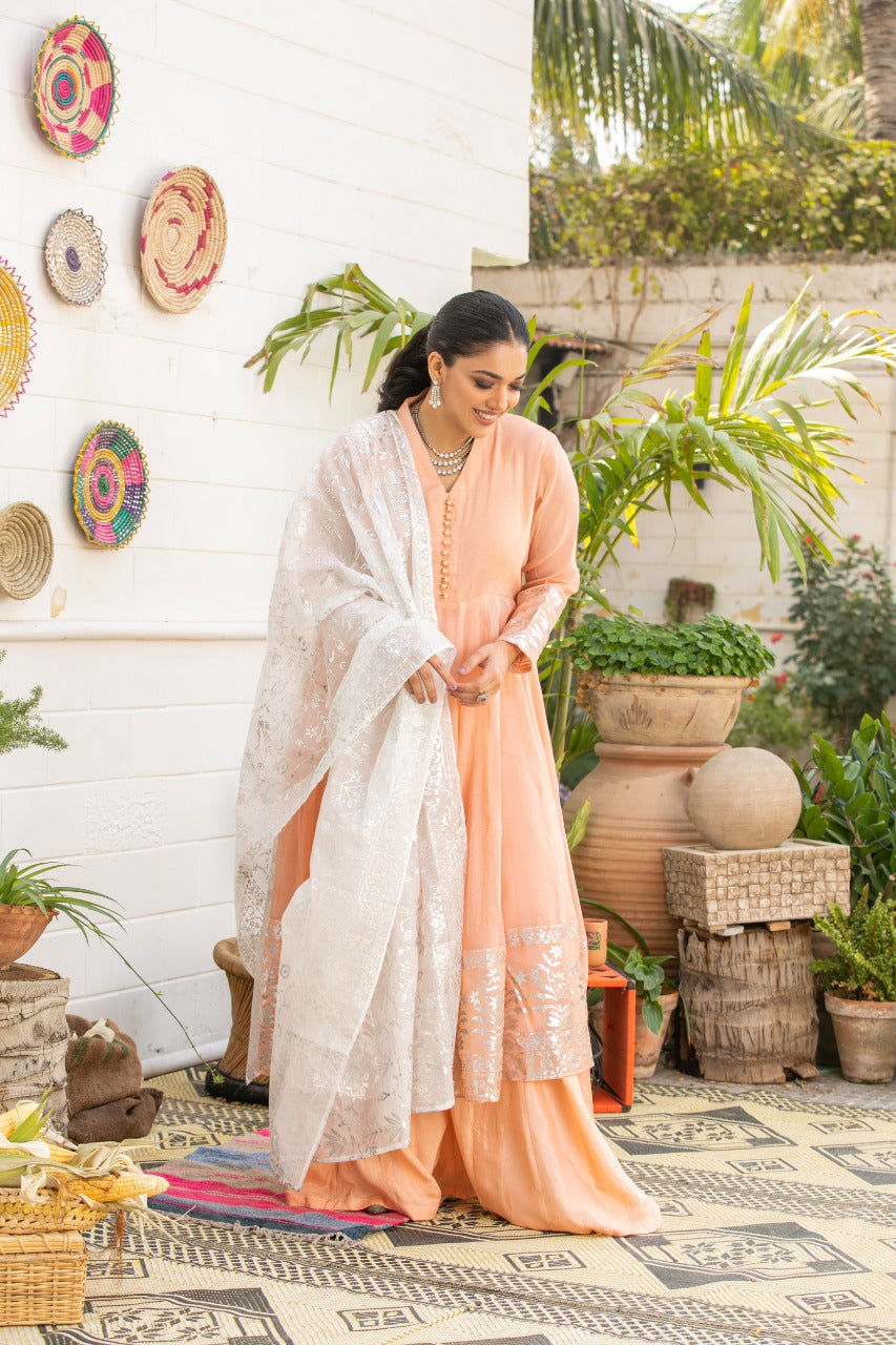 Peach Foil-Printed Peshwas Gharara (3-Piece) - Image 4