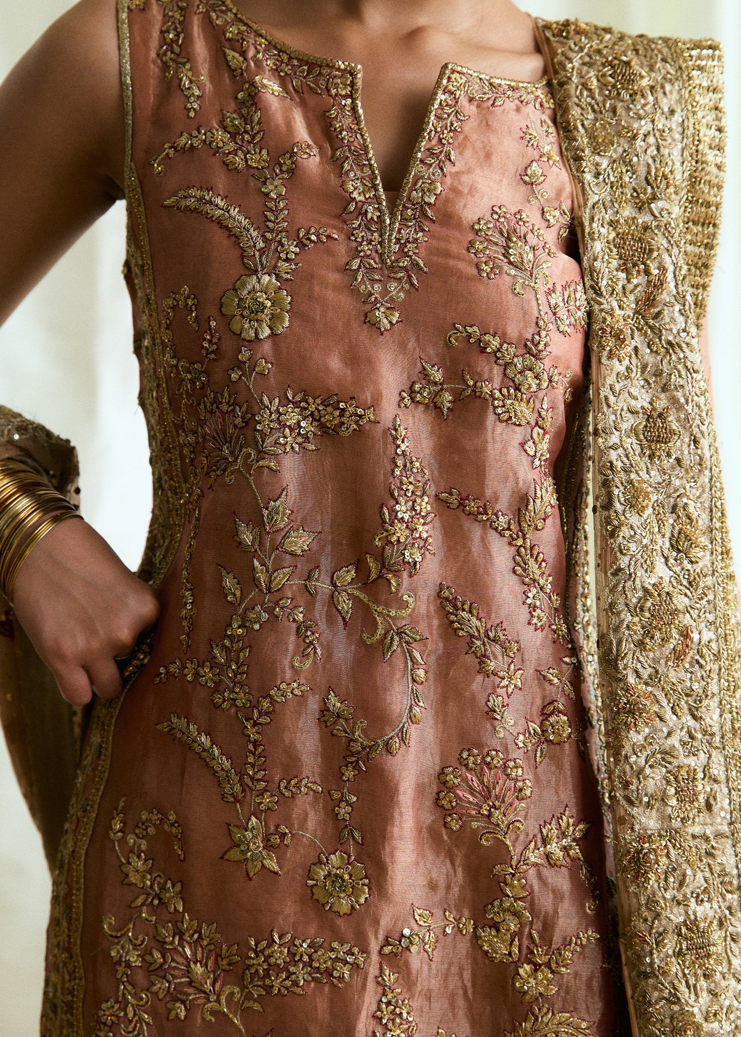 Peach Embroidered French Tissue Lama Gharara (3-Piece) - Image 2