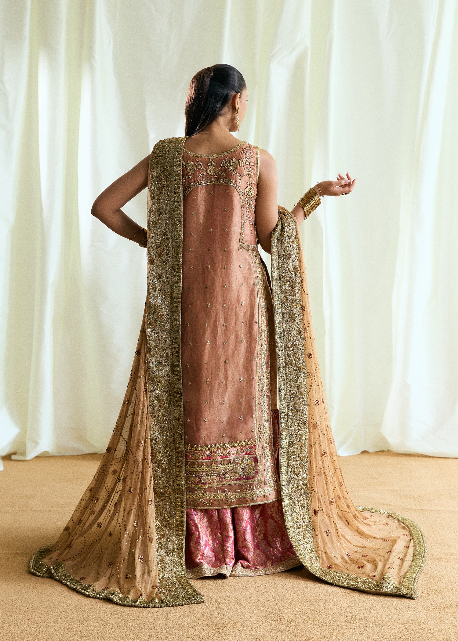 Peach Embroidered French Tissue Lama Gharara (3-Piece) - Image 4
