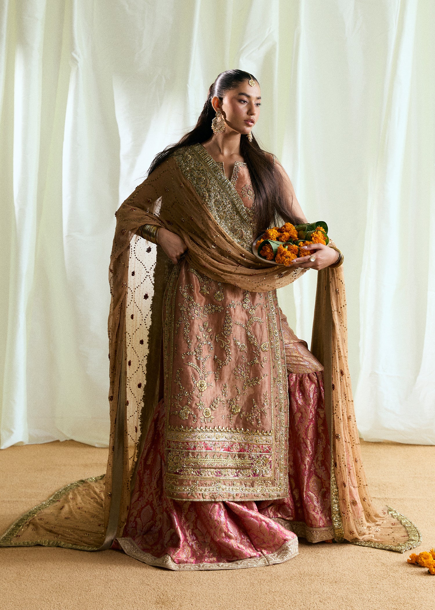Peach Embroidered French Tissue Lama Gharara (3-Piece) - Image 7