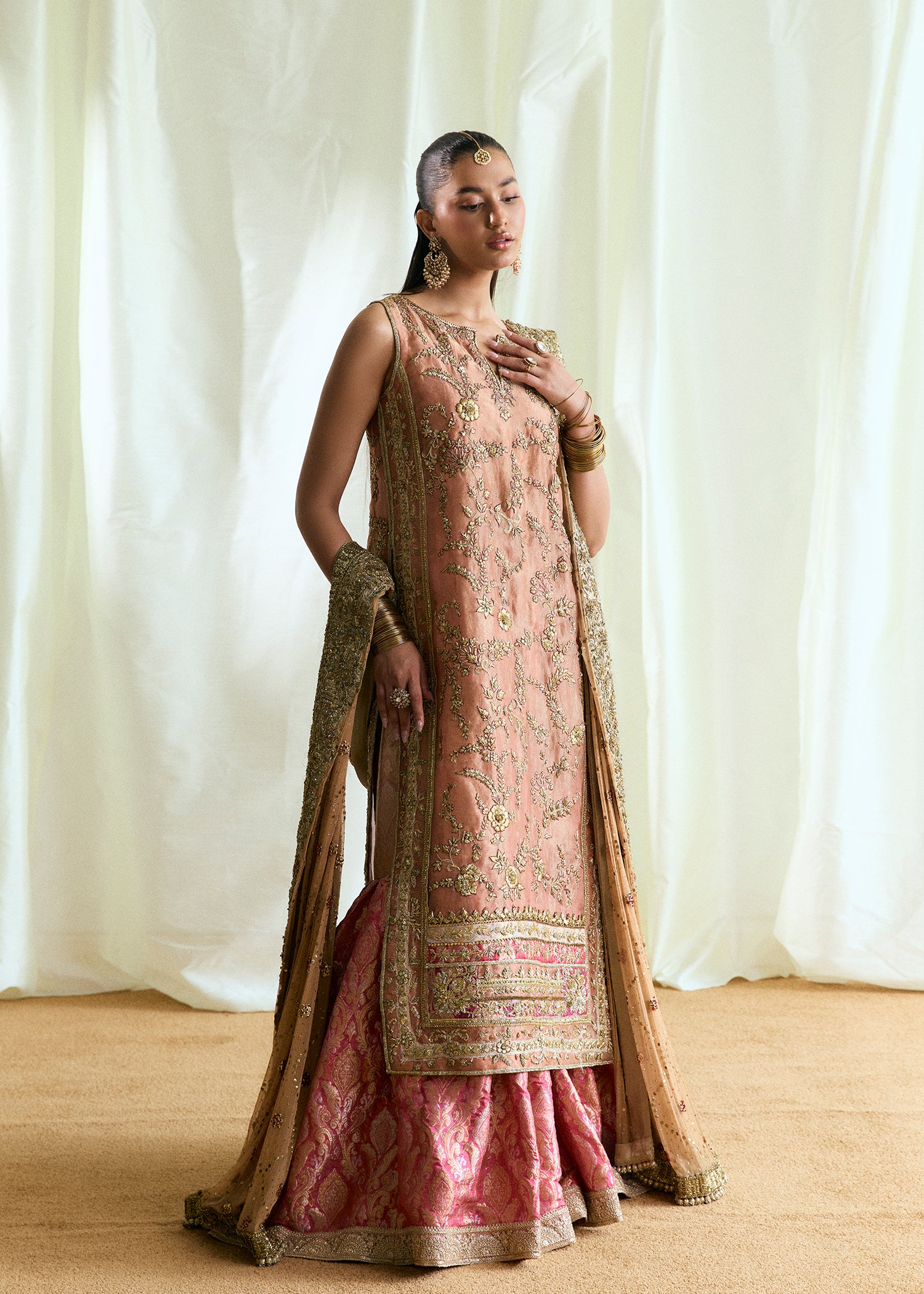 Peach Embroidered French Tissue Lama Gharara (3-Piece) - Image 1