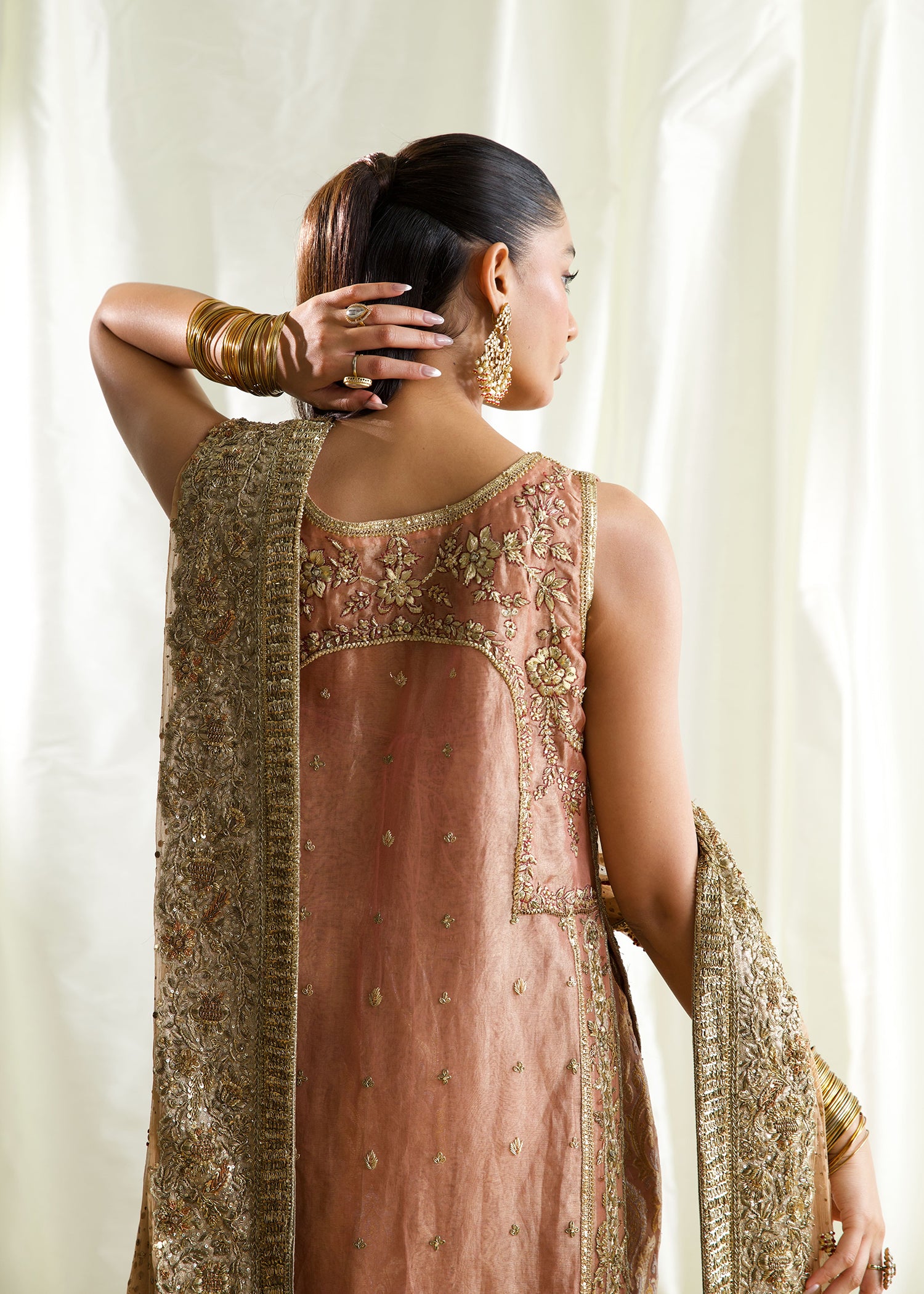 Peach Embroidered French Tissue Lama Gharara (3-Piece) - Image 3