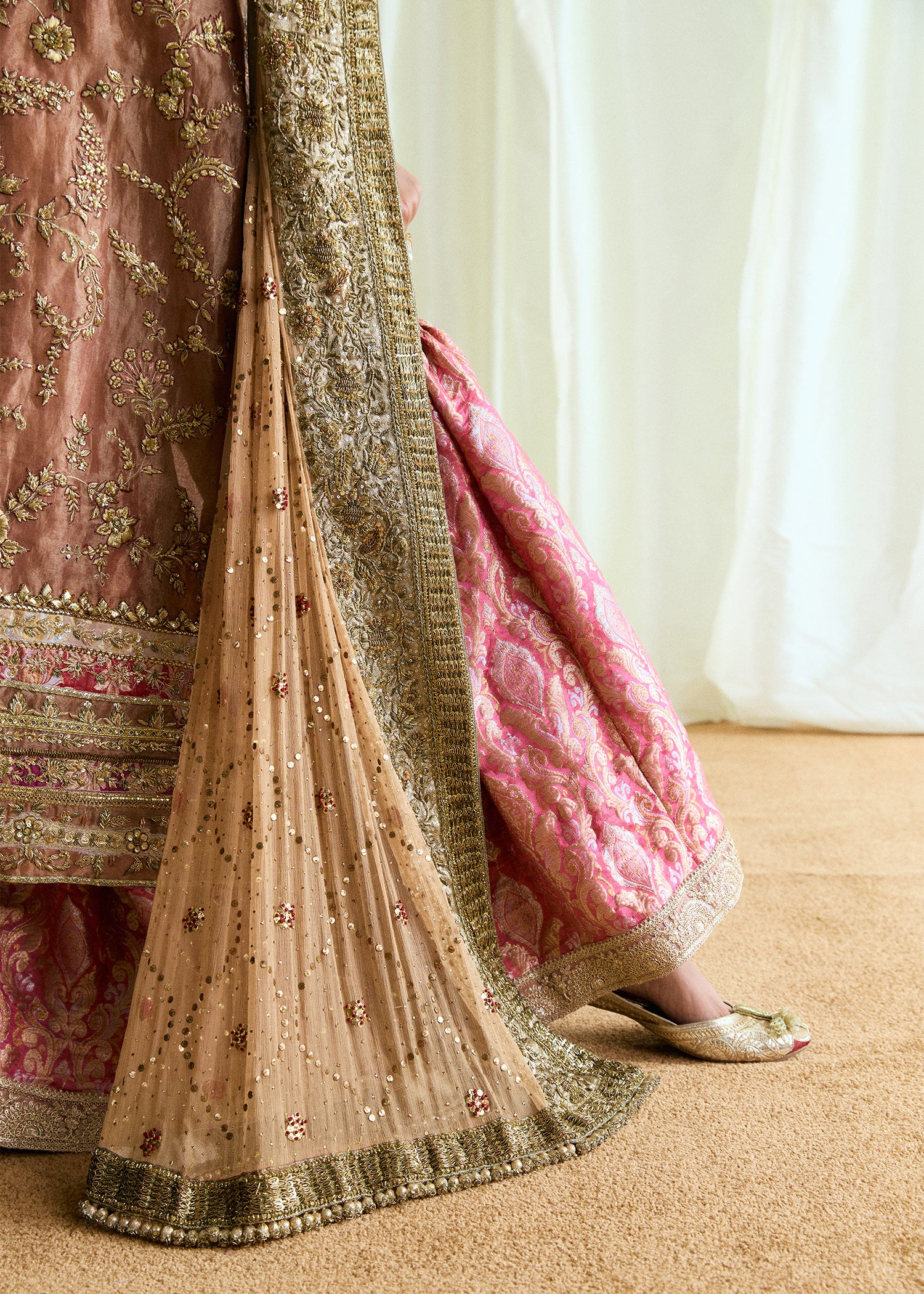 Peach Embroidered French Tissue Lama Gharara (3-Piece) - Image 5