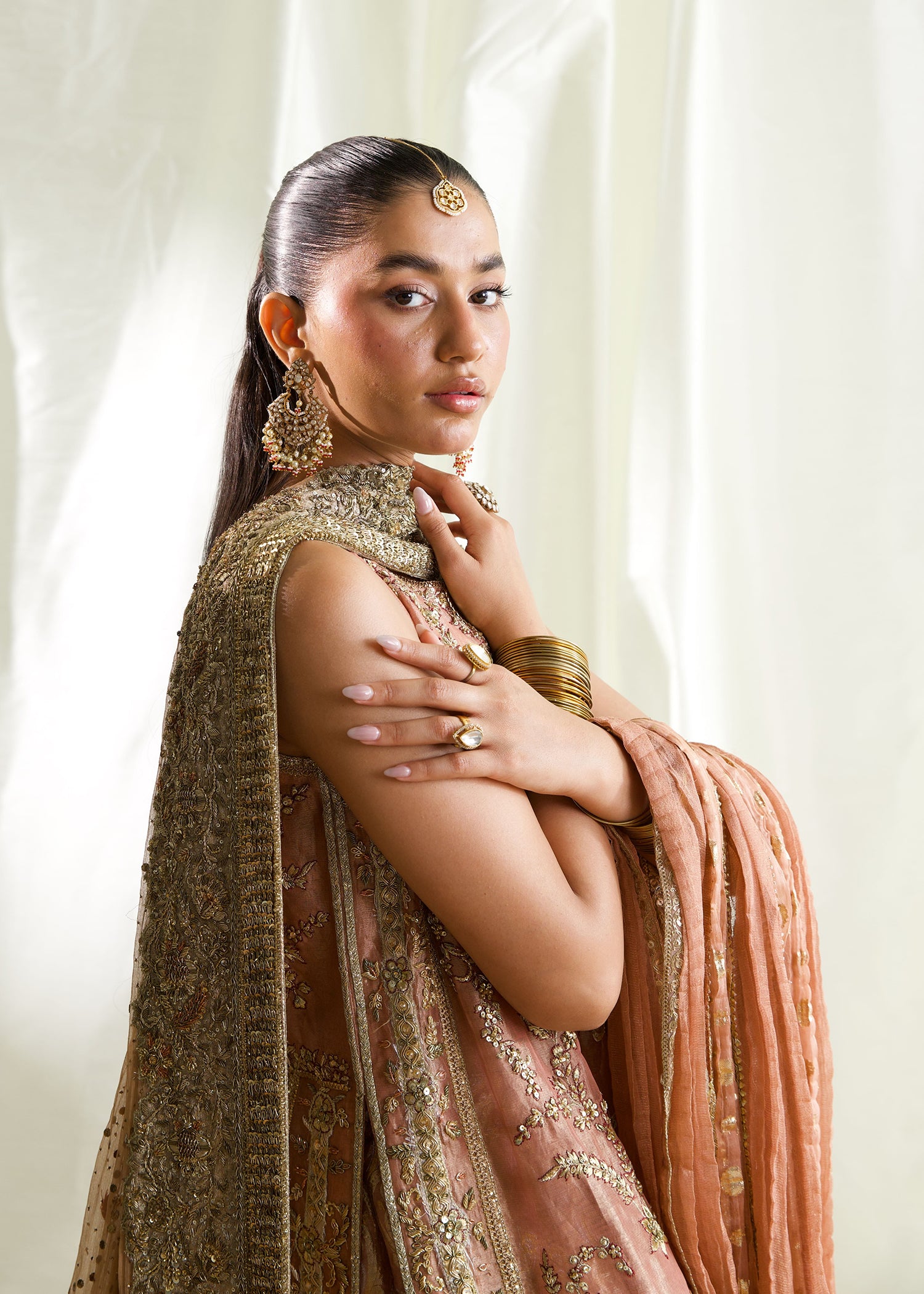 Peach Embroidered French Tissue Lama Gharara (3-Piece) - Image 6