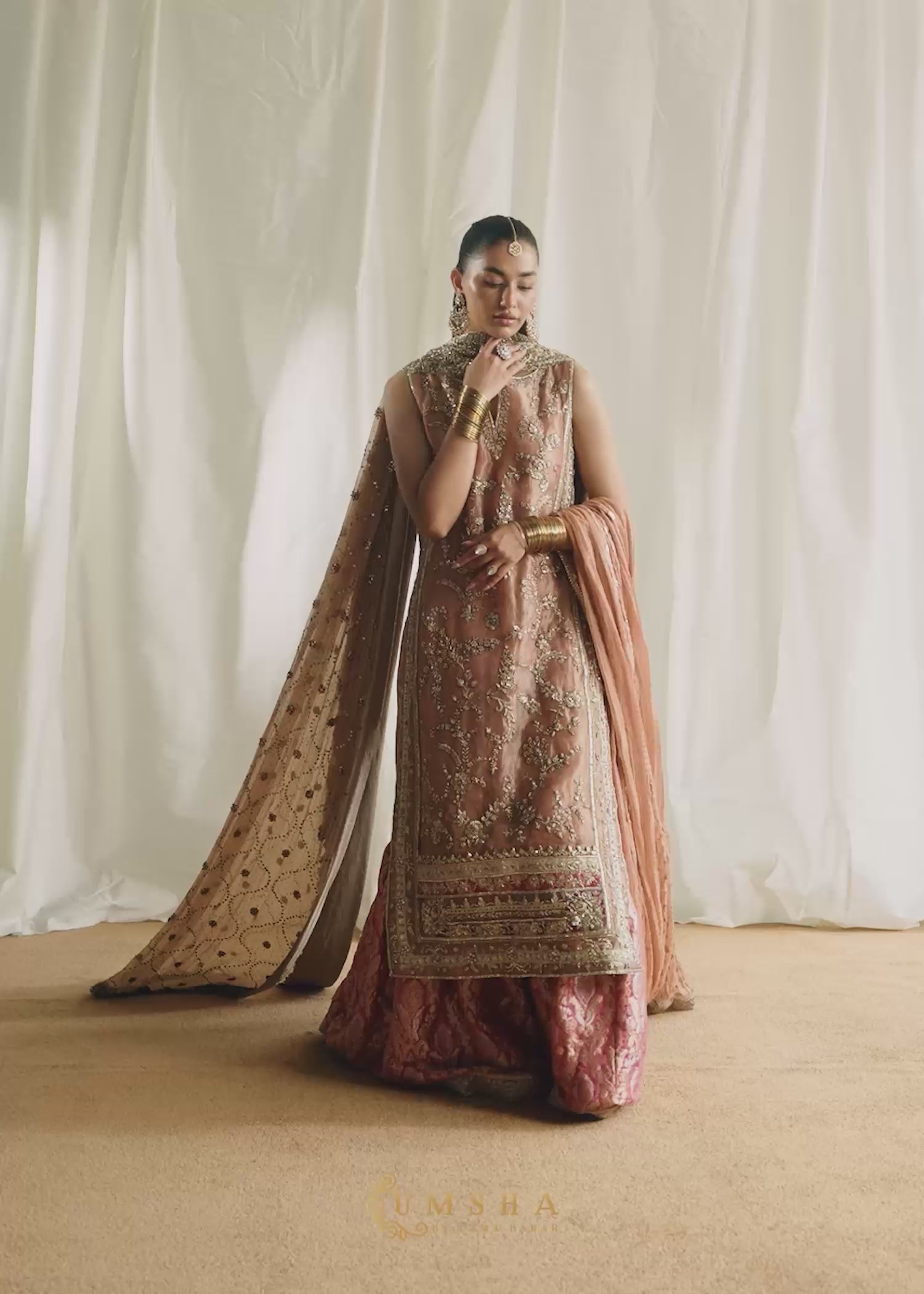 Peach Embroidered French Tissue Lama Gharara (3-Piece) - Image 8