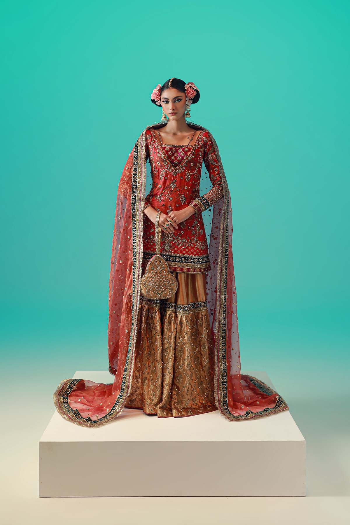 Pakistani Coral Embellished Tissue Jamawar Gharara (5-Piece) - Image 1