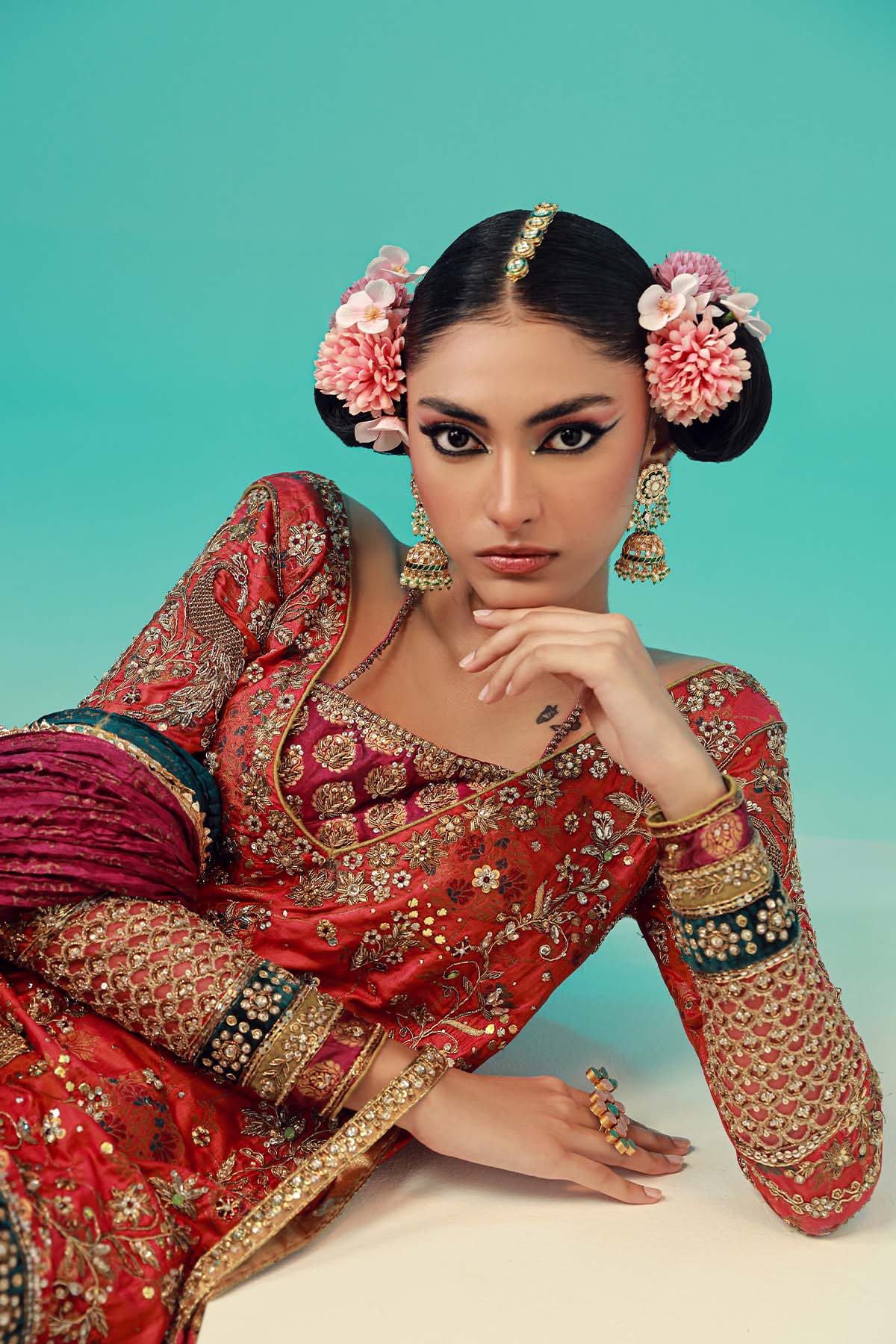 Pakistani Coral Embellished Tissue Jamawar Gharara (5-Piece) - Image 2