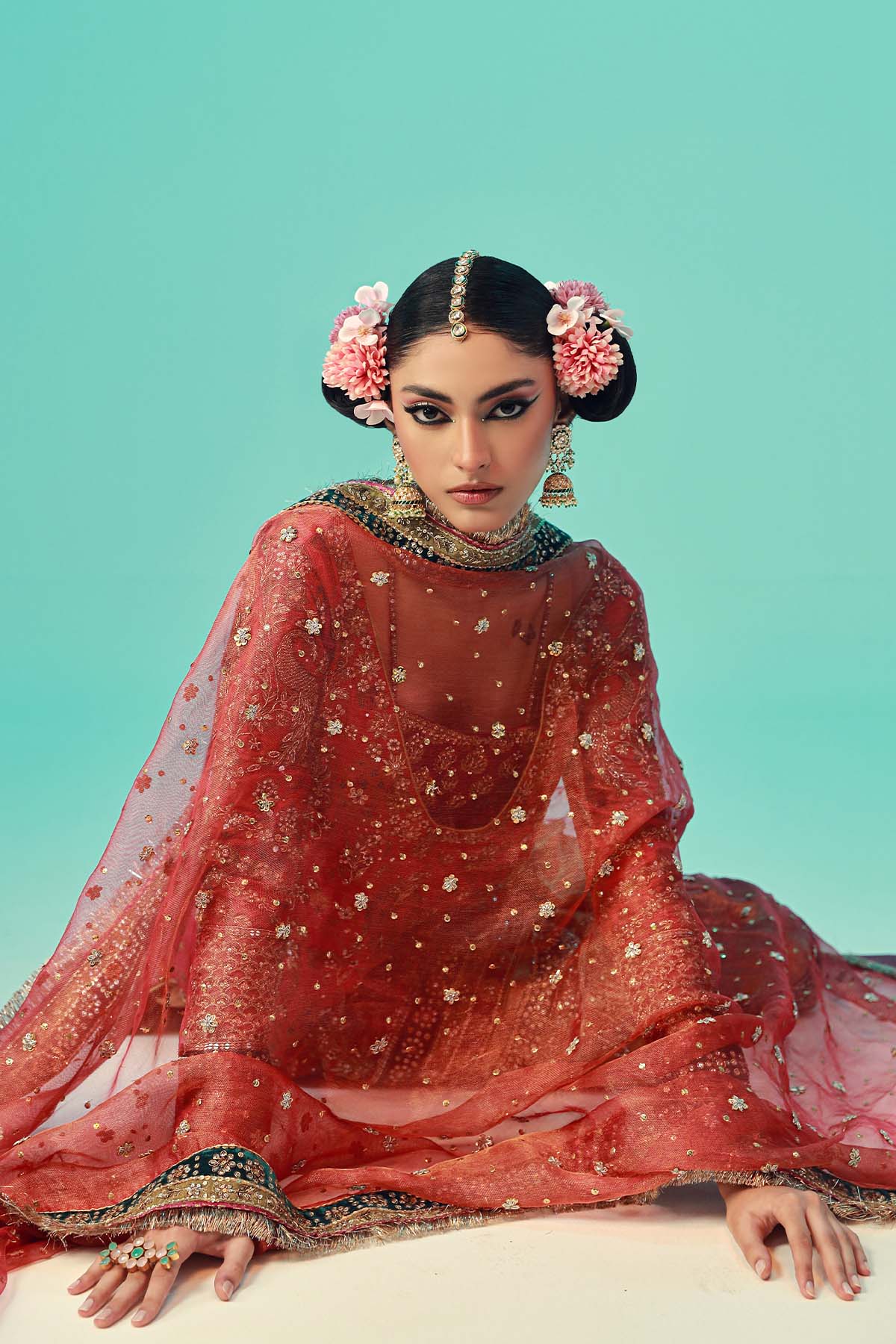 Pakistani Coral Embellished Tissue Jamawar Gharara (5-Piece) - Image 3