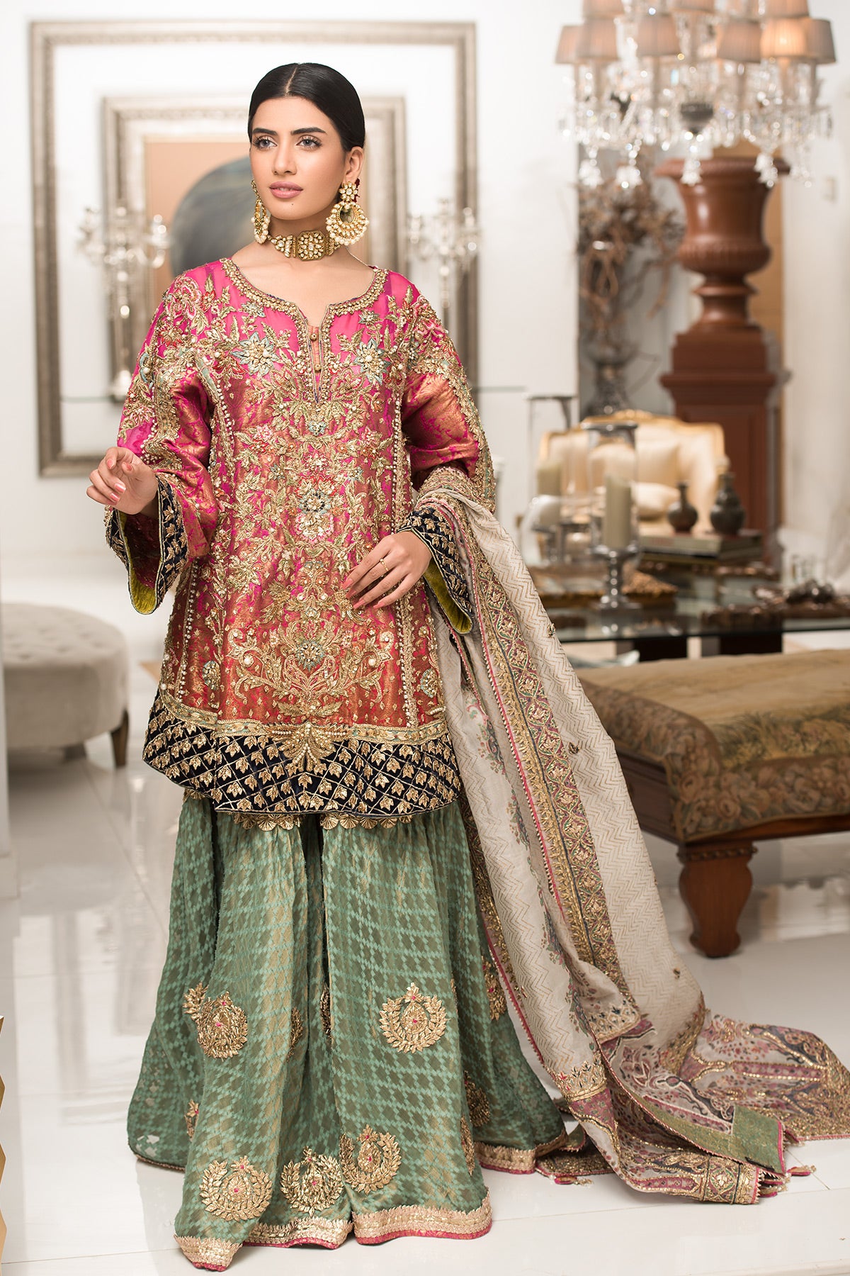 Pink Embroidered Jamawar Kurta with Mint Green Gharara (3-Piece) - Image 1