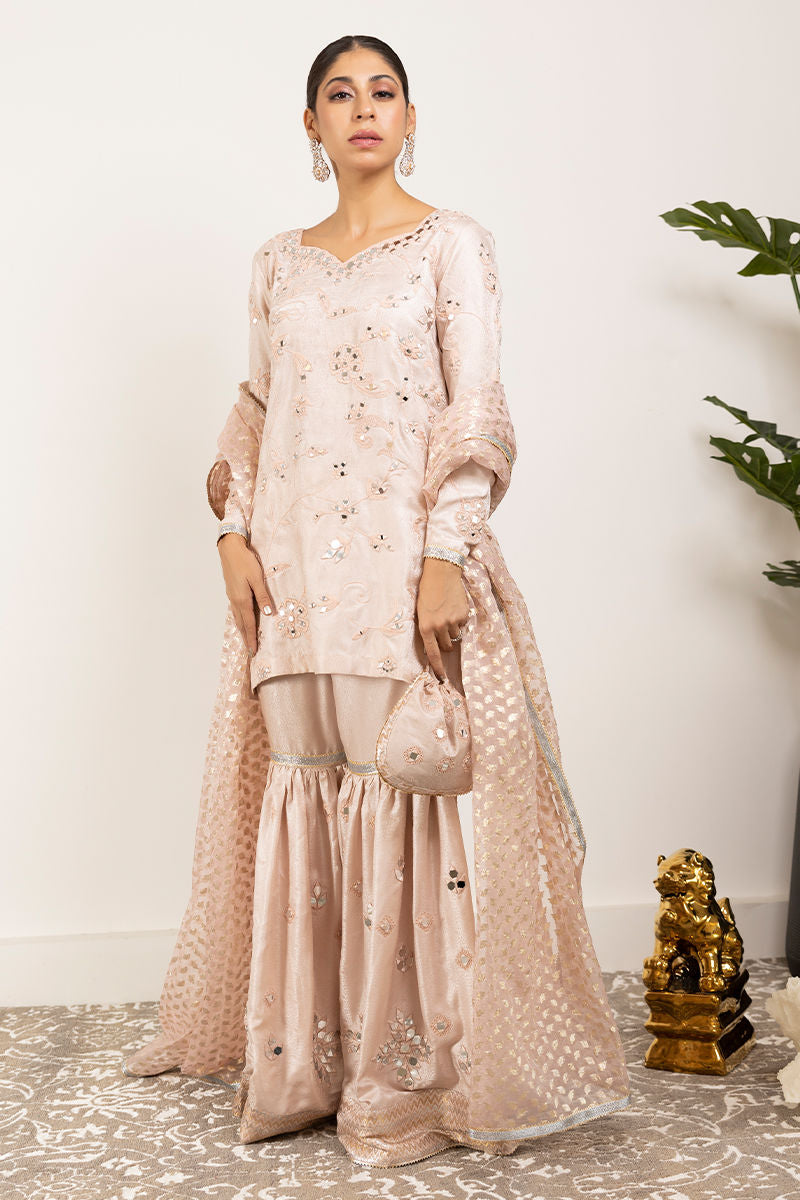 Pakistani Blush Pink Embroidered Jamawar Gharara Set (3-Piece) - Image 2