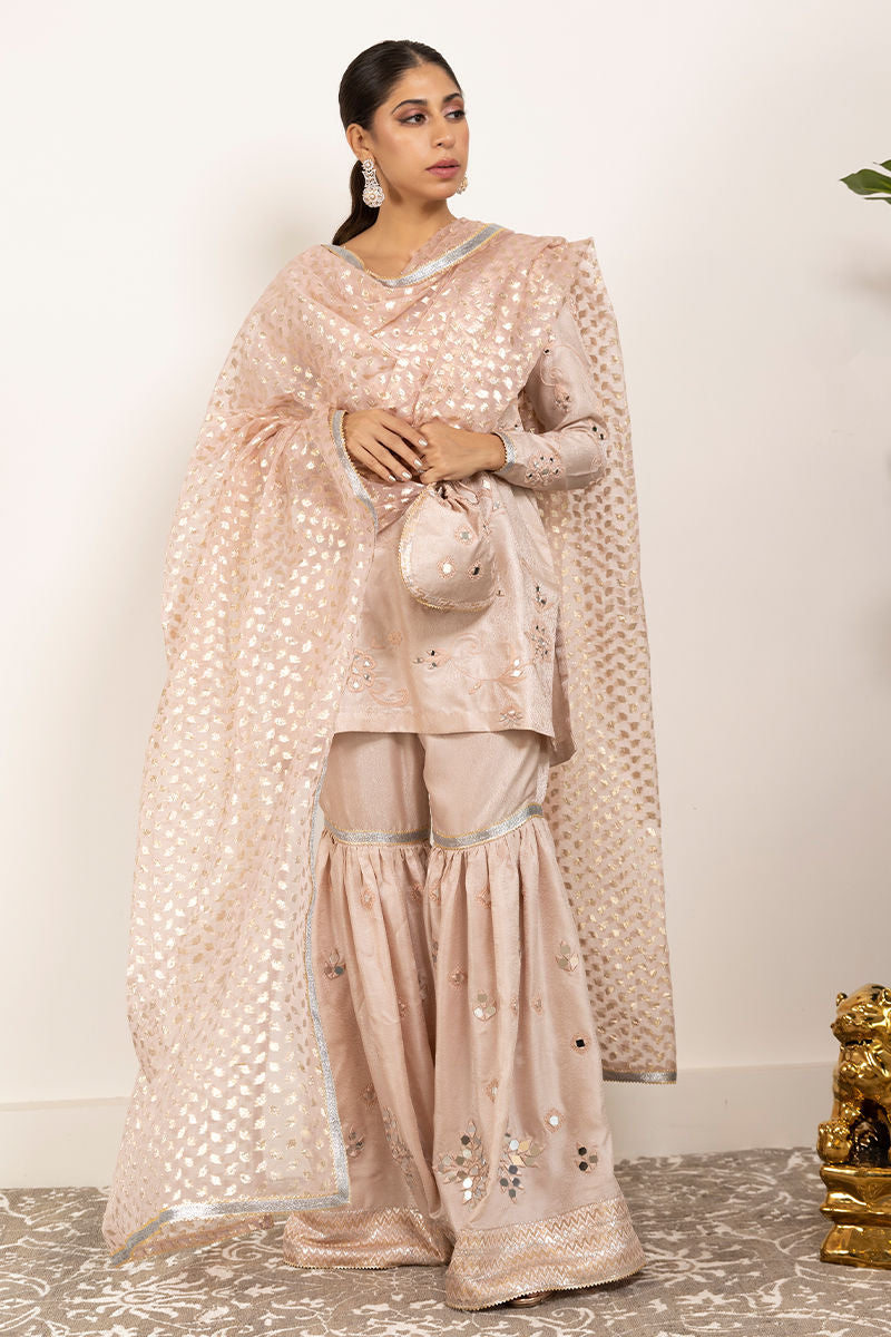 Indian Blush Pink Mirror Work Jamawar Gharara (3-Piece) - Image 1