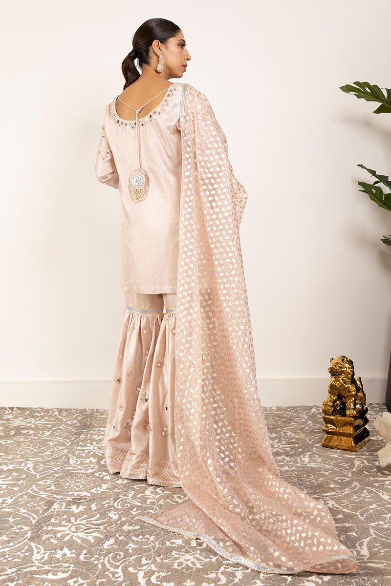 Indian Blush Pink Mirror Work Jamawar Gharara (3-Piece) - Image 3