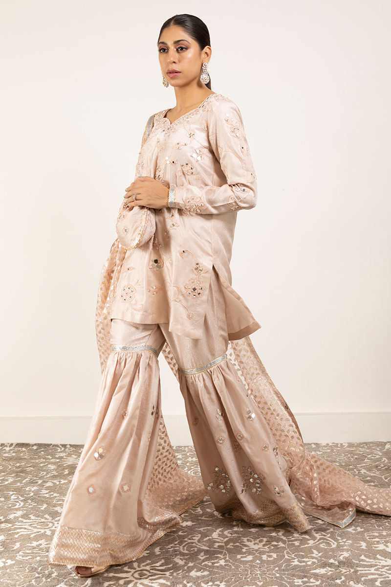 Indian Blush Pink Mirror Work Jamawar Gharara (3-Piece) - Image 4