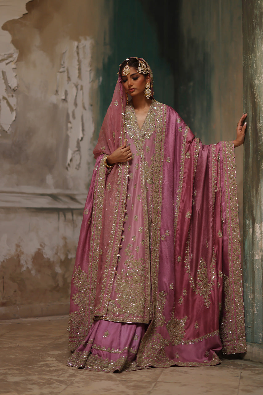 Pink Marori Gota Zardozi Raw Silk Bridal Chogha (3-Piece) - Image 1