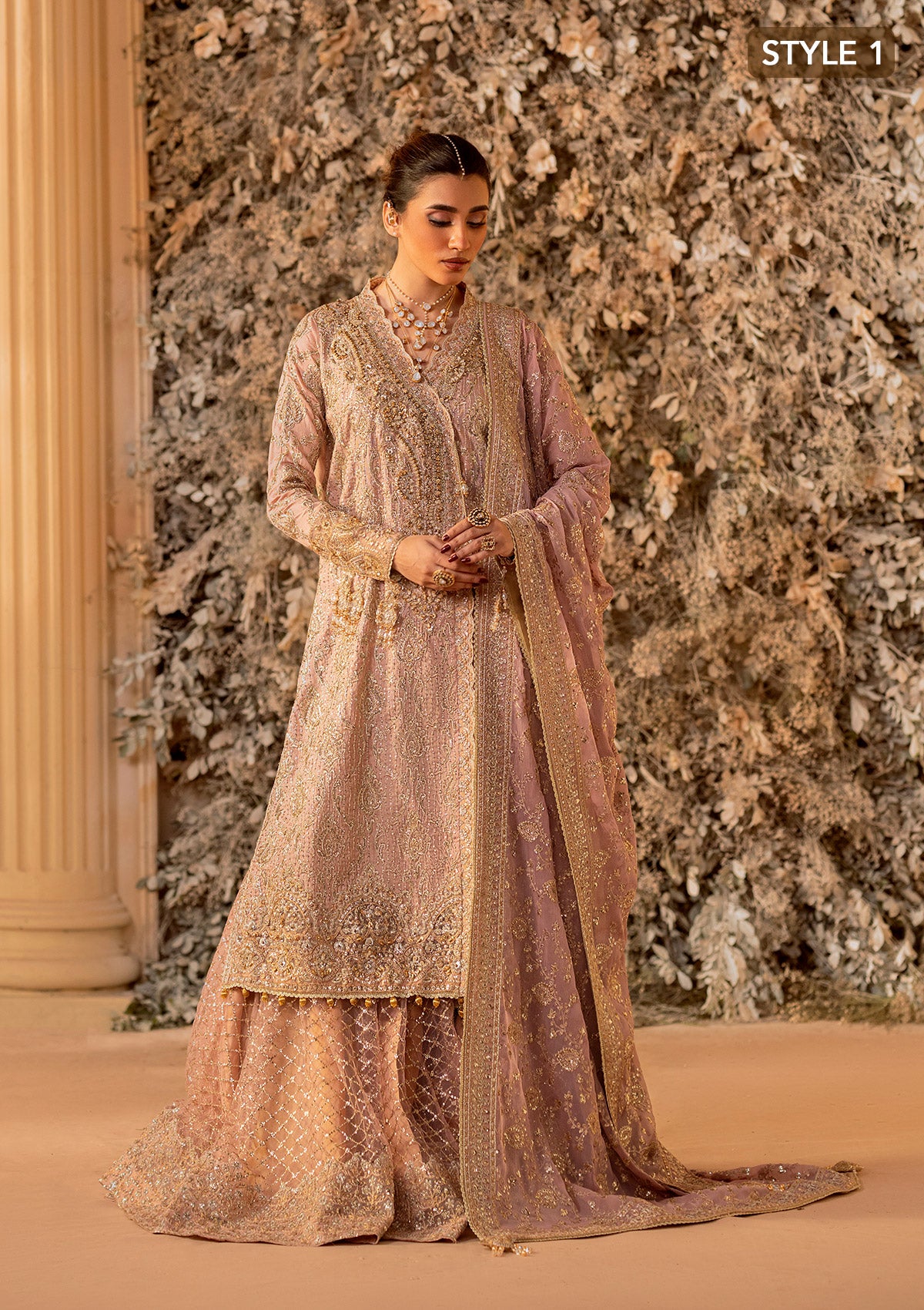 Tea Pink Embroidered Khaadi Net Angrakha Gharara (3-Piece) - Image 3
