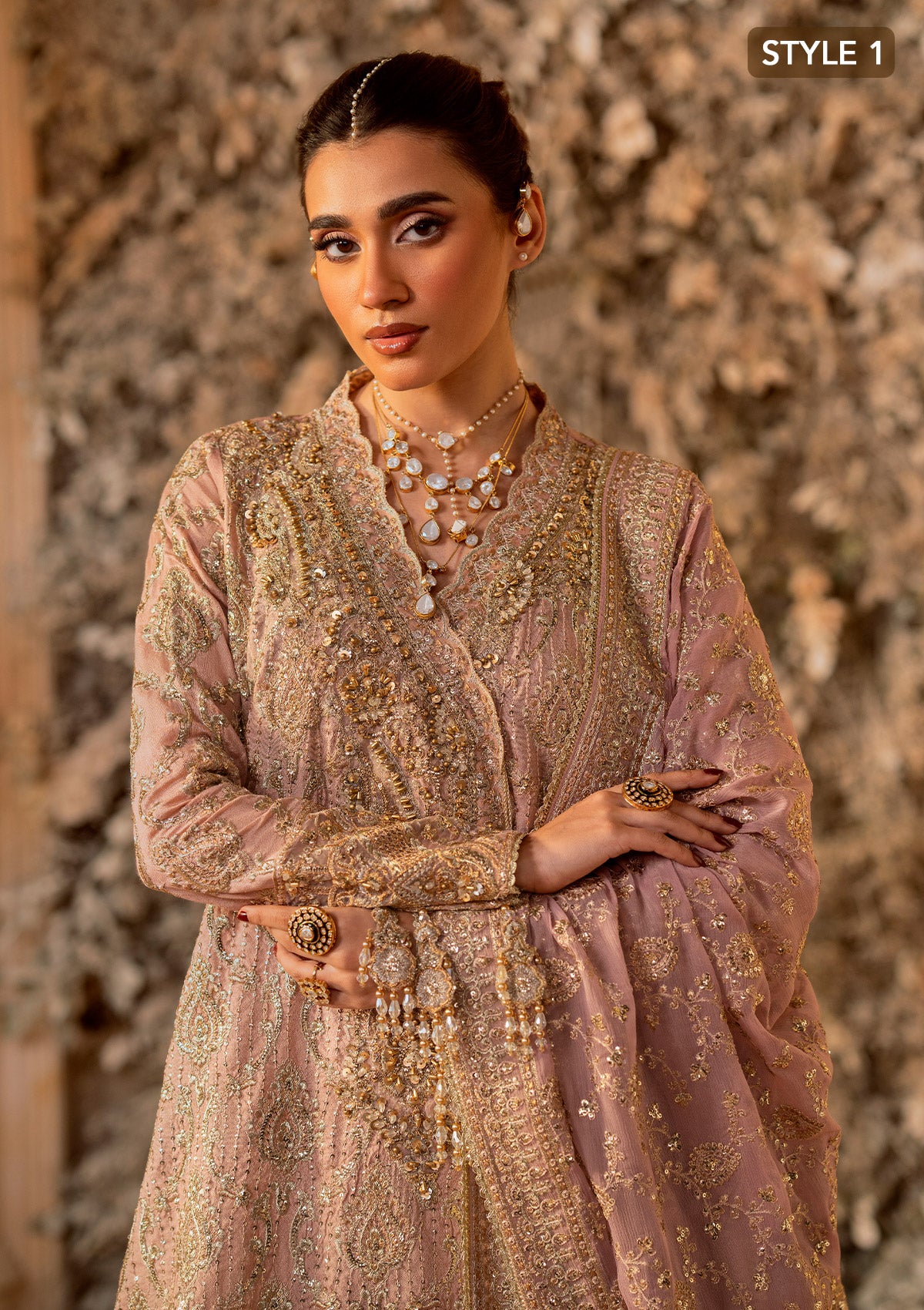 Tea Pink Embroidered Khaadi Net Angrakha Gharara (3-Piece) - Image 4