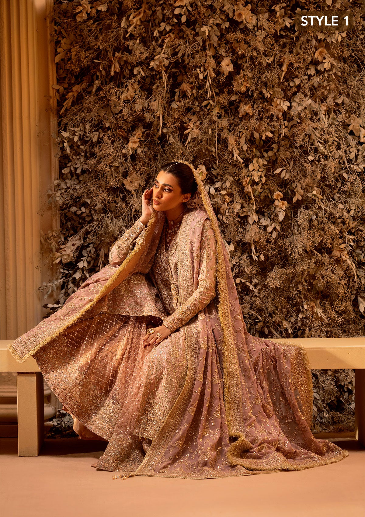 Tea Pink Embroidered Khaadi Net Angrakha Gharara (3-Piece) - Image 5