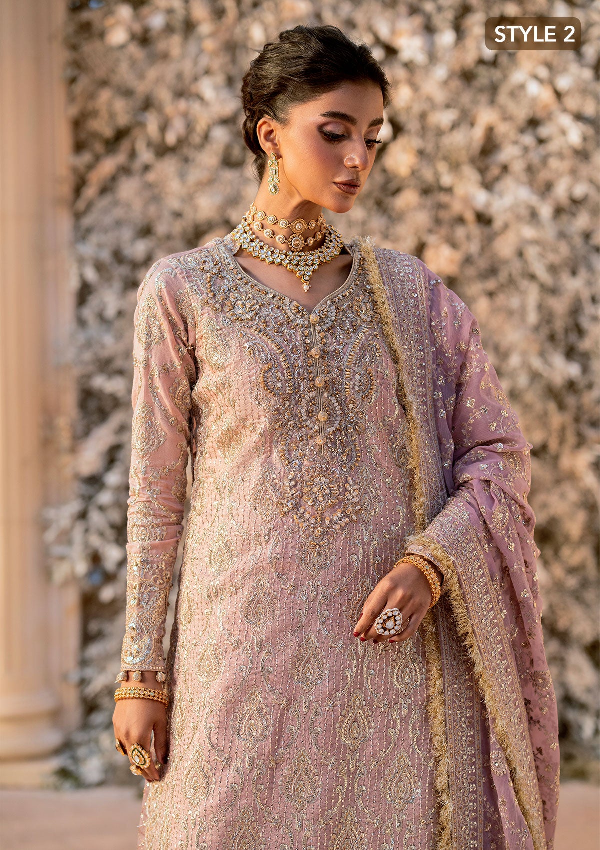 Tea Pink Embroidered Khaadi Net Angrakha Gharara (3-Piece) - Image 9