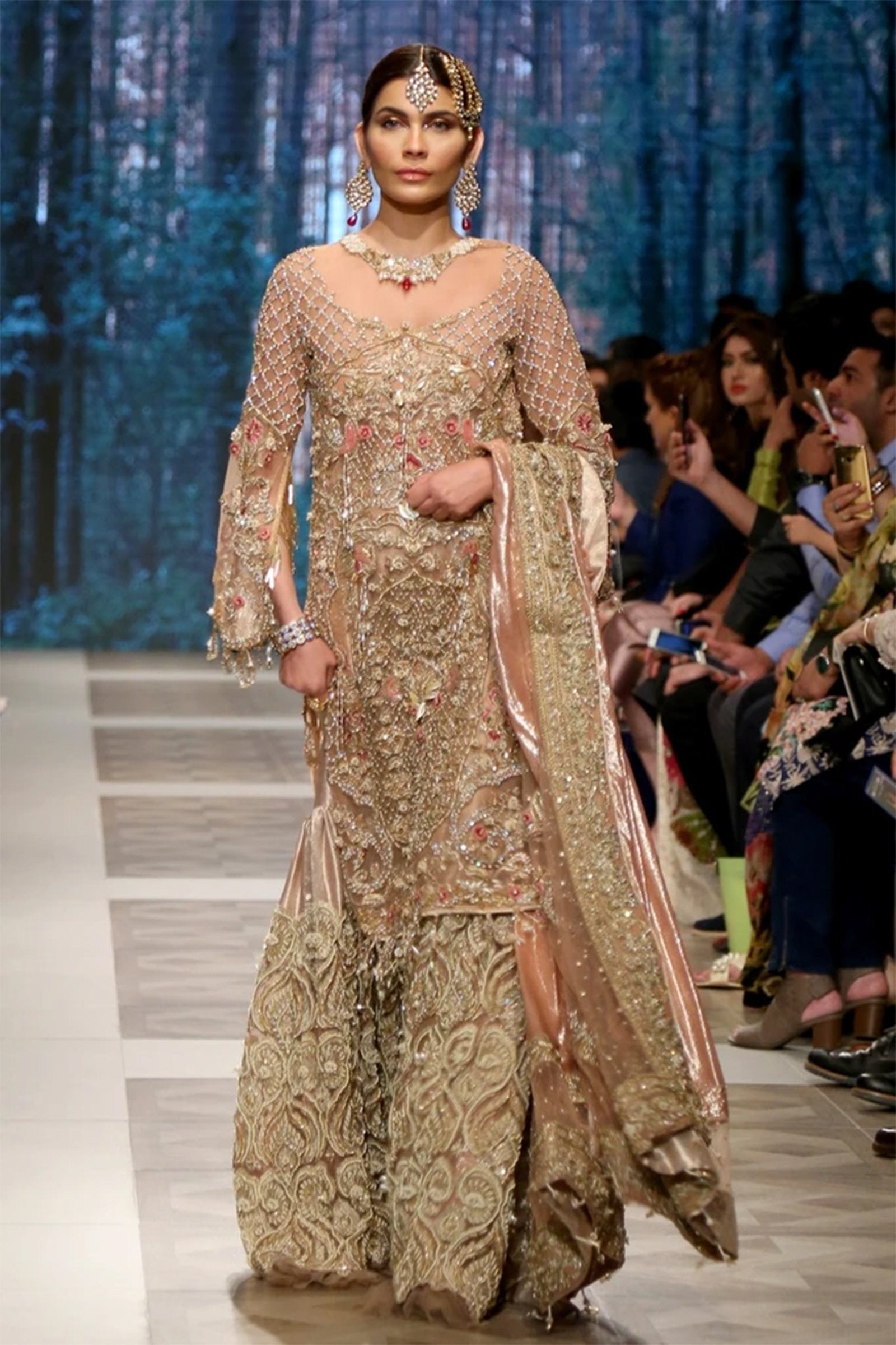 Pakistani Blush Pink & Champagne Embellished Lama Gharara (3-Piece) - Image 1