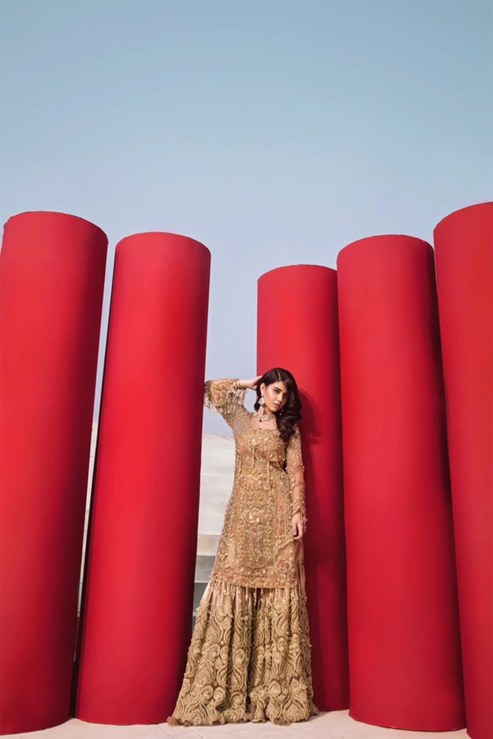 Pakistani Blush Pink & Champagne Embellished Lama Gharara (3-Piece) - Image 2