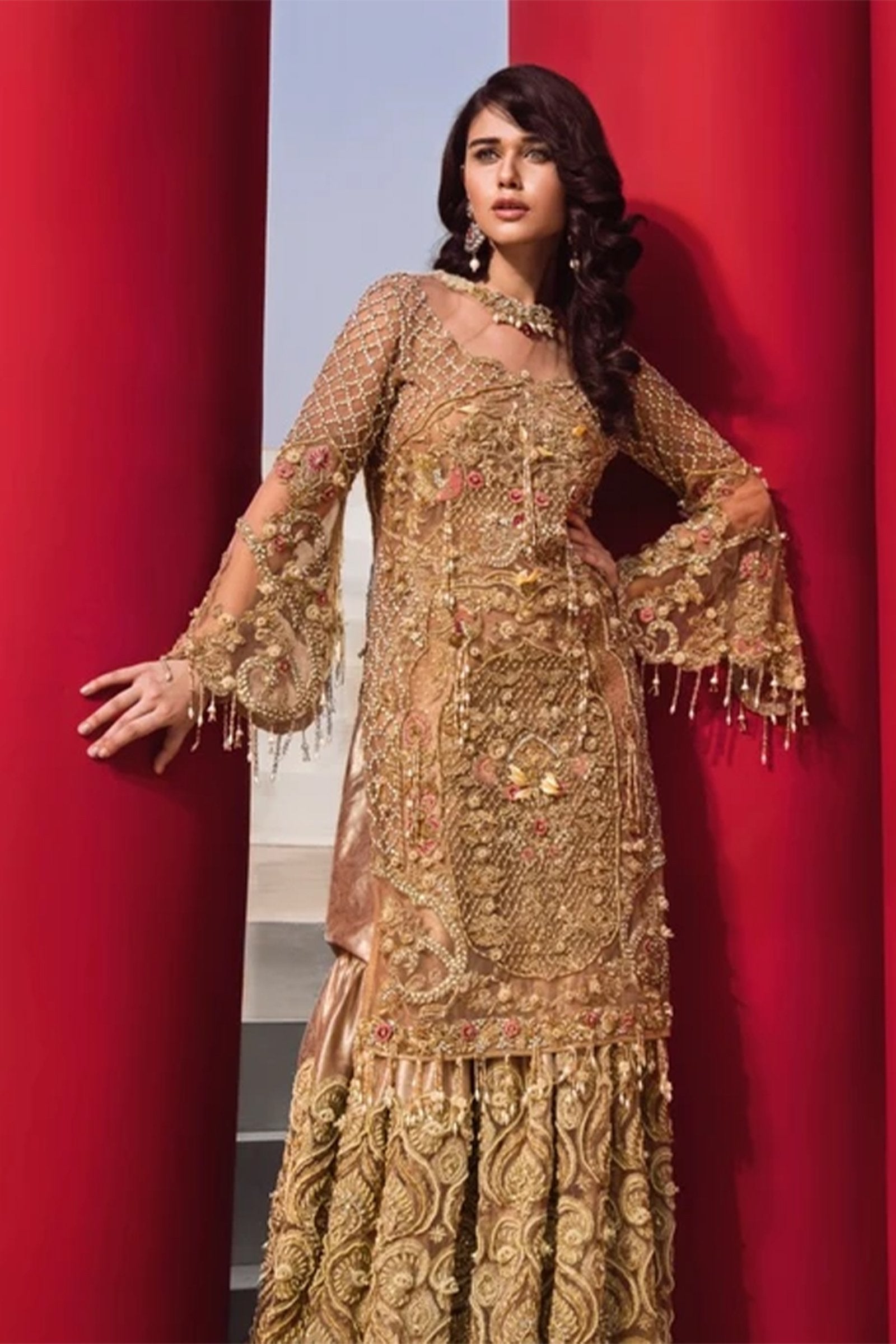 Pakistani Blush Pink & Champagne Embellished Lama Gharara (3-Piece) - Image 4