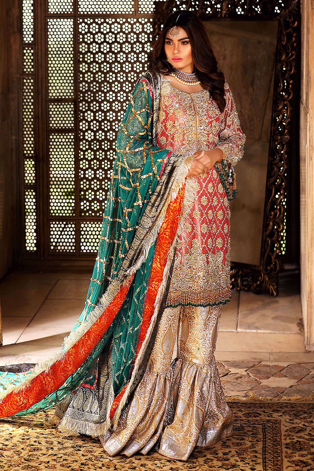 Pakistani Deep Pink Zardozi Lamé Shirt with Damask Gharara (3-Piece) - Image 1