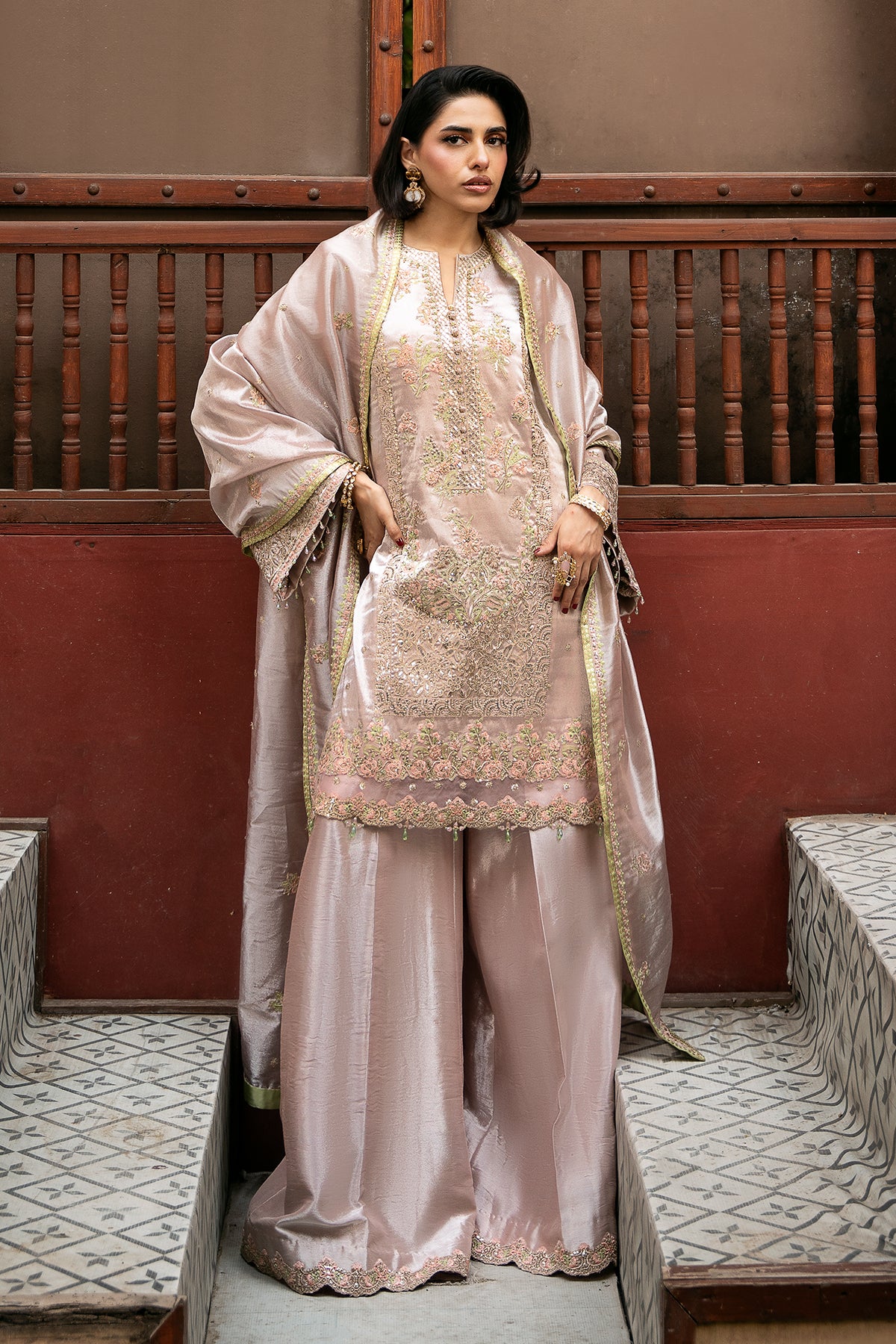Dusty Pink Zardozi Masoori Gharara (3-Piece) - Image 1