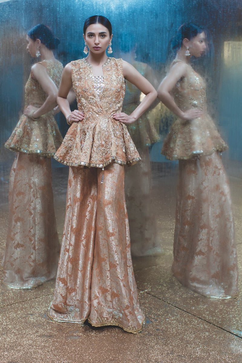 Peach Embellished Metallic Brocade Gharara (2-Piece) - Image 1