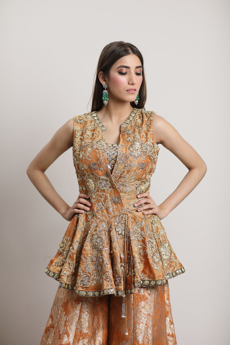 Peach Embellished Metallic Brocade Gharara (2-Piece) - Image 2