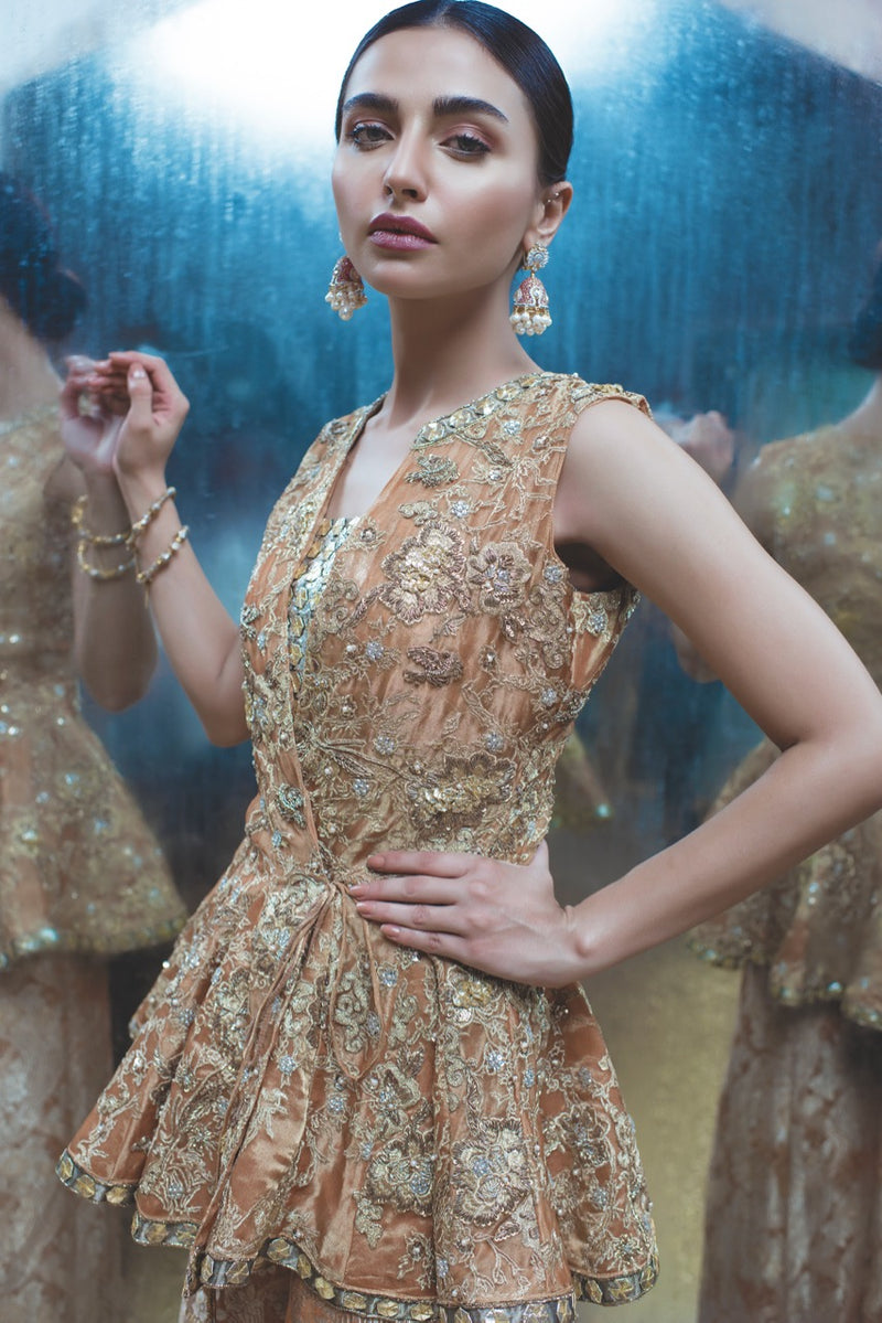 Peach Embellished Metallic Brocade Gharara (2-Piece) - Image 3