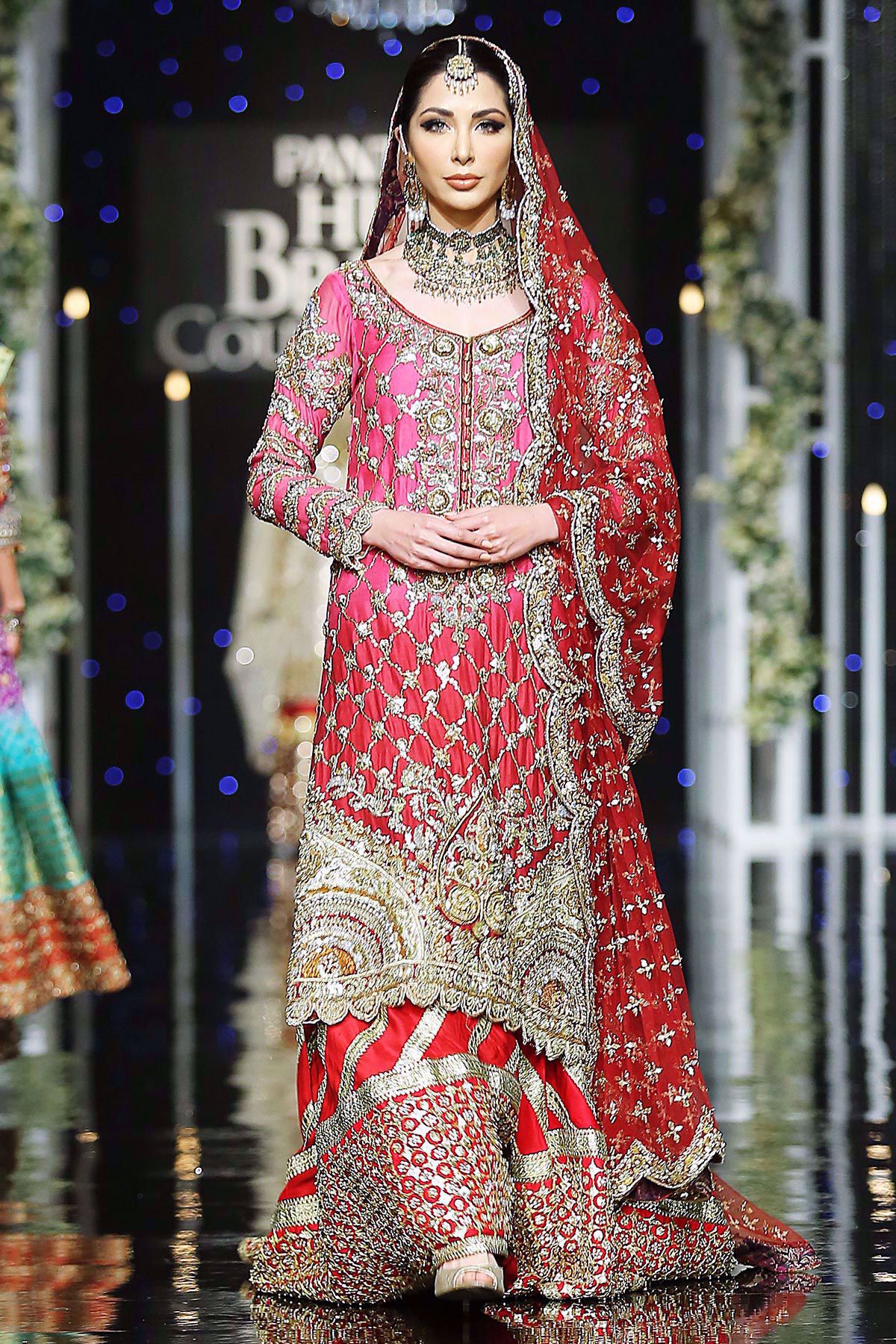 Deep Pink & Red Embroidered Net Gharara (3-Piece) - Image 1