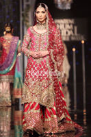 Deep Pink & Red Embroidered Net Gharara (3-Piece) - Image 4