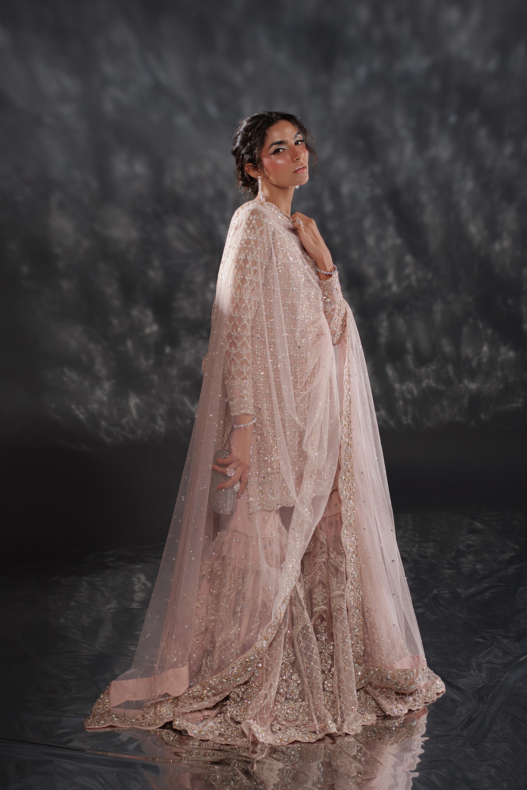 Blush Pink Ganga-Jamni Embroidered Net Gharara (3-Piece) - Image 2