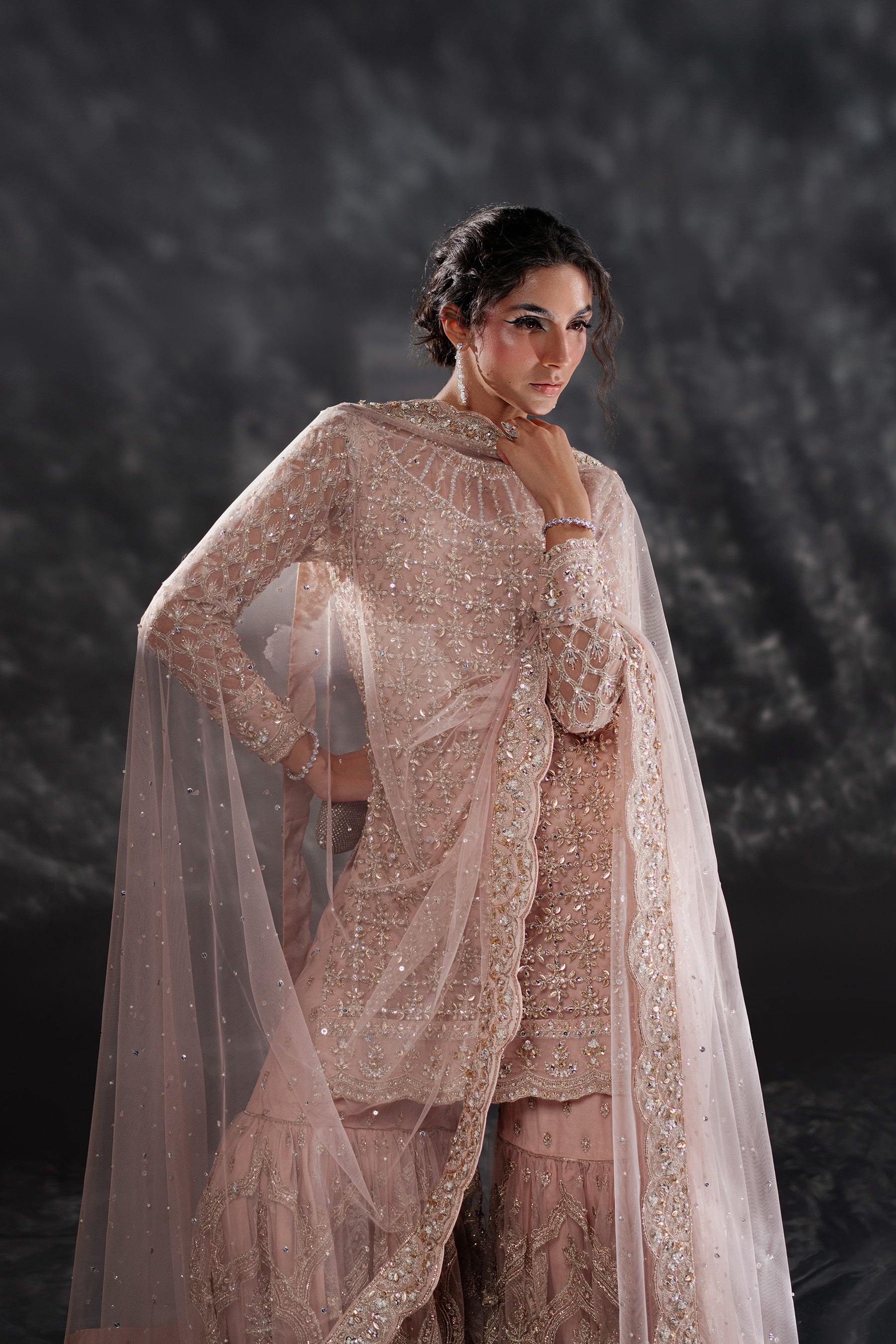 Blush Pink Ganga-Jamni Embroidered Net Gharara (3-Piece) - Image 3