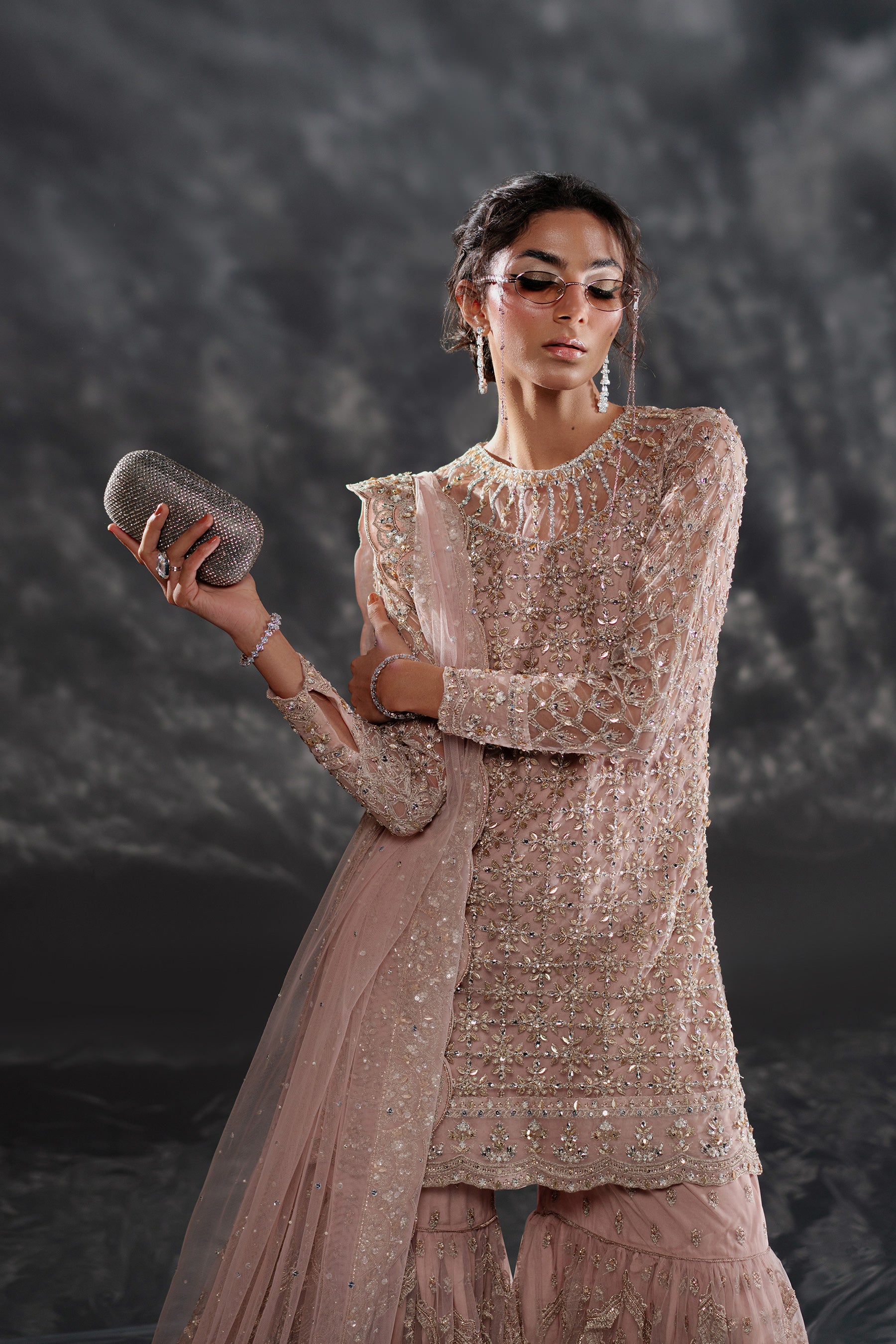 Blush Pink Ganga-Jamni Embroidered Net Gharara (3-Piece) - Image 4
