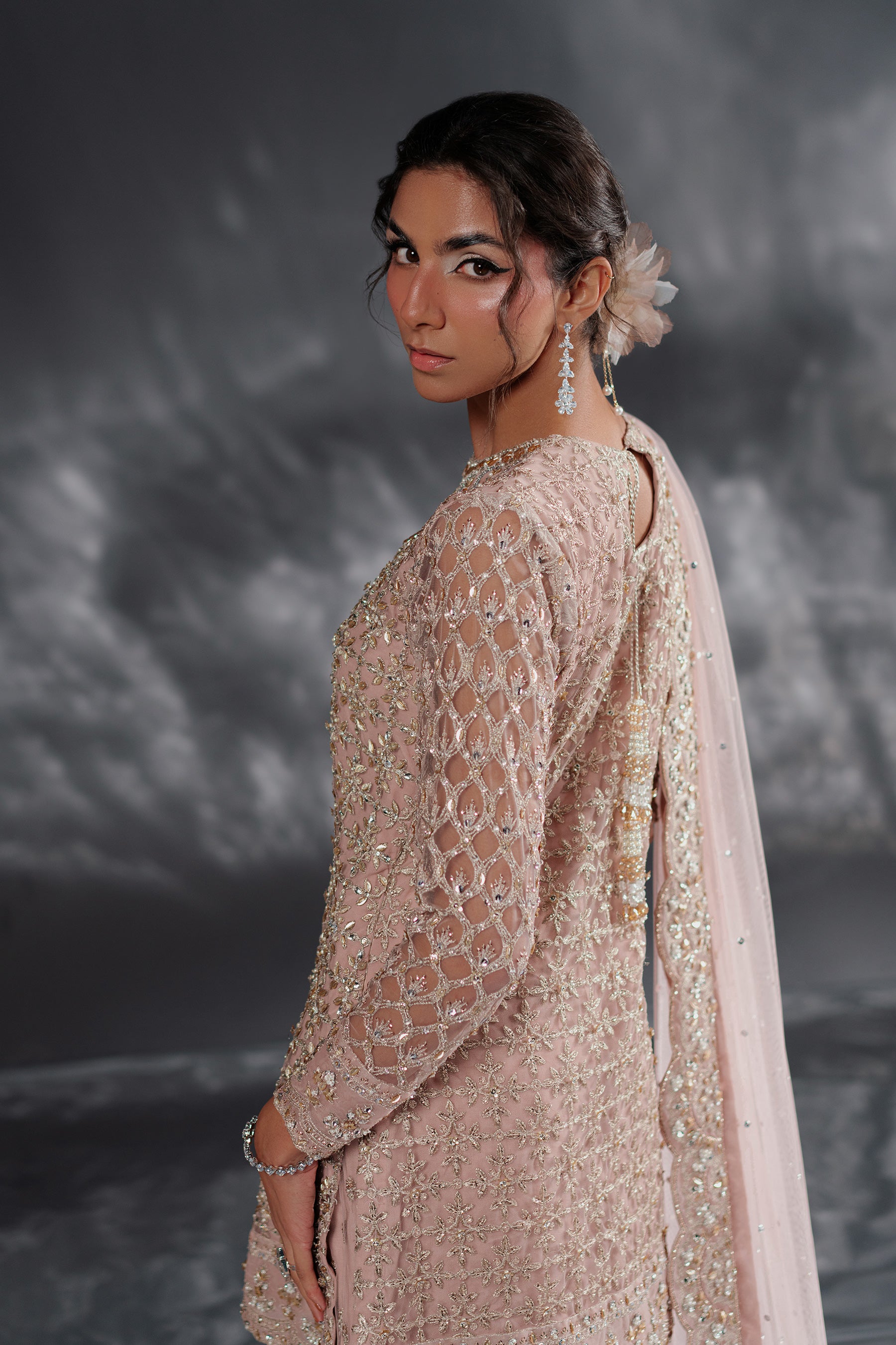 Blush Pink Ganga-Jamni Embroidered Net Gharara (3-Piece) - Image 5