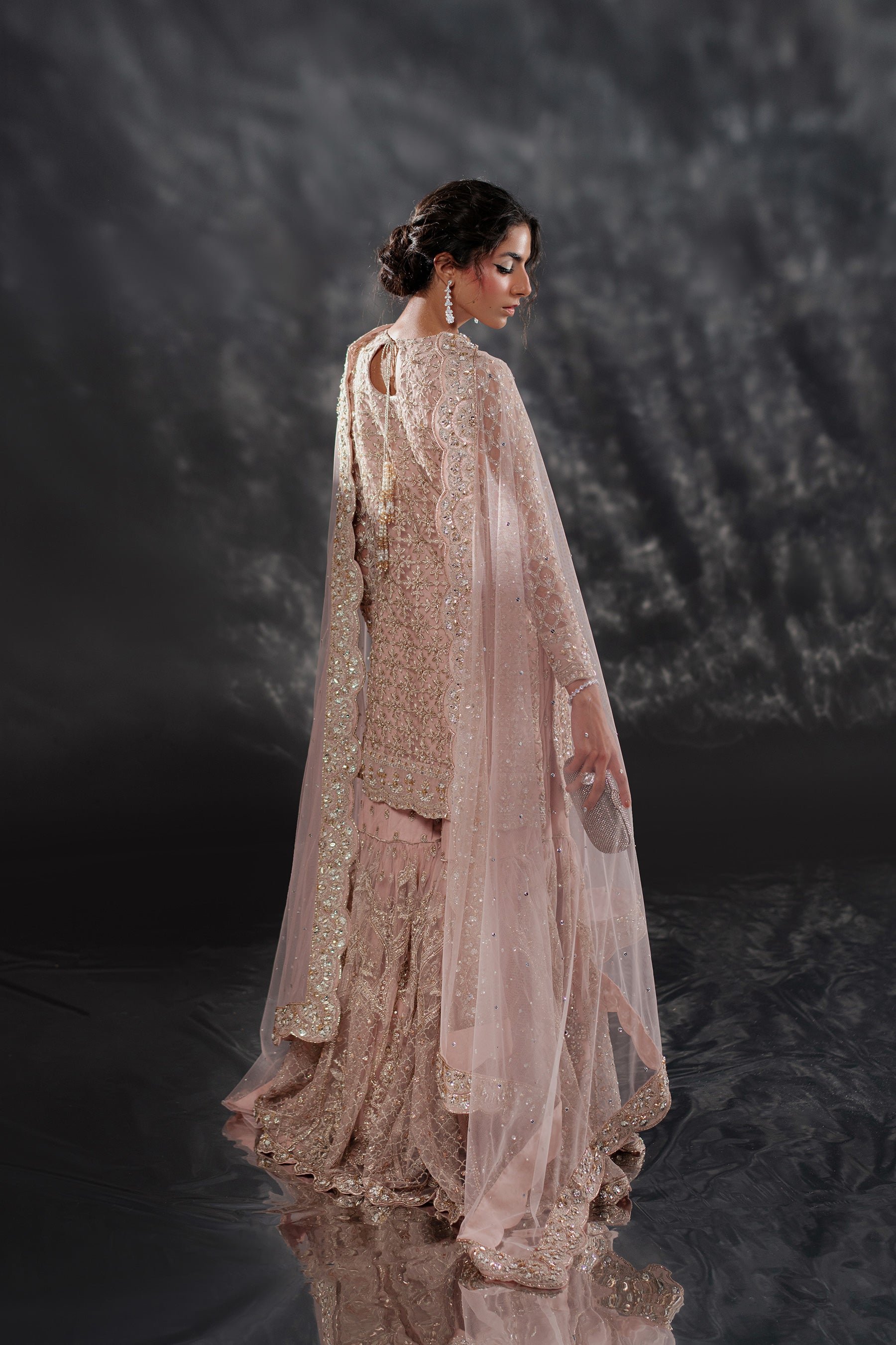 Pakistani Spring Rose Pink Ganga-Jamni Net Gharara (3-Piece) - Image 6
