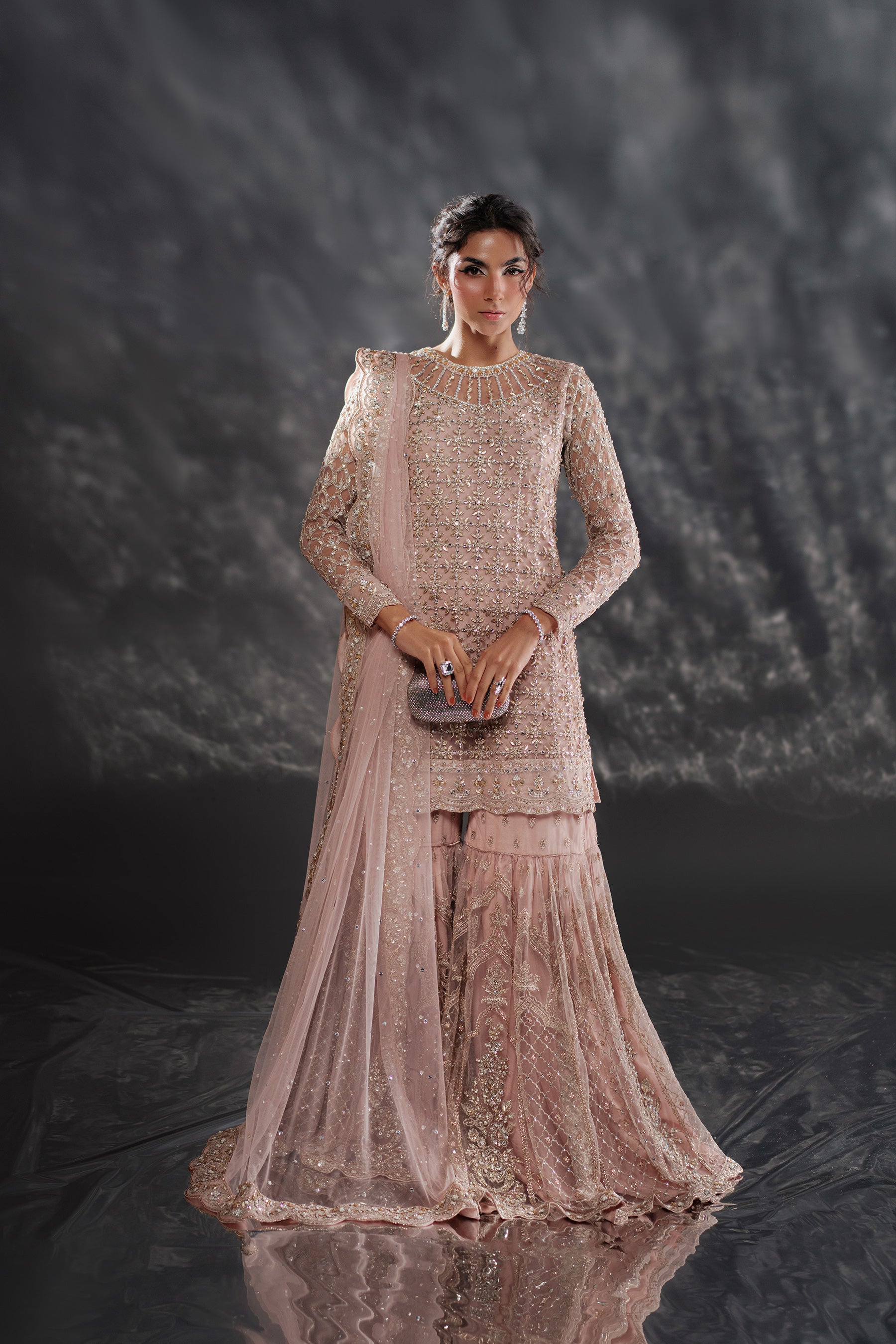 Blush Pink Ganga-Jamni Net Gharara Set (3-Piece) - Image 1