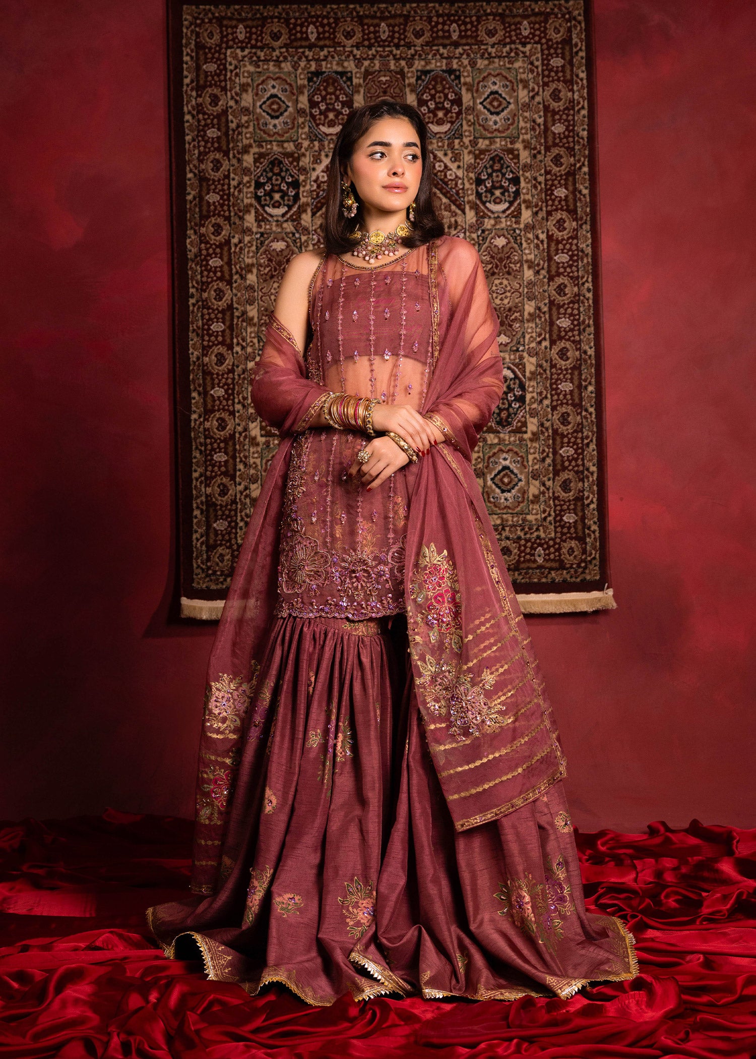 Pakistani Opera Mauve Embroidered Organza Short Shirt & Silk Gharara (3-Piece) - Image 1