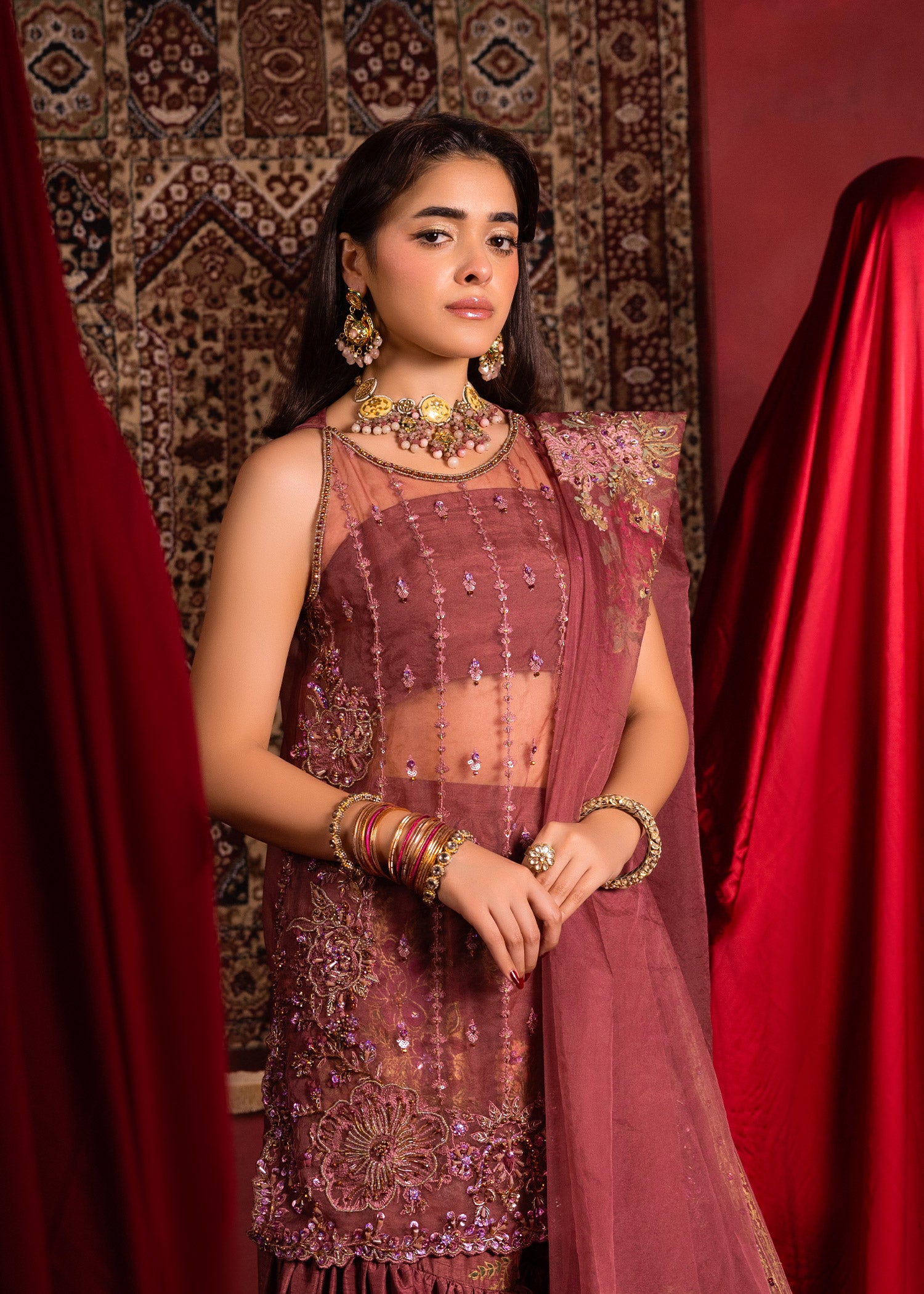 Pakistani Opera Mauve Embroidered Organza Short Shirt & Silk Gharara (3-Piece) - Image 2