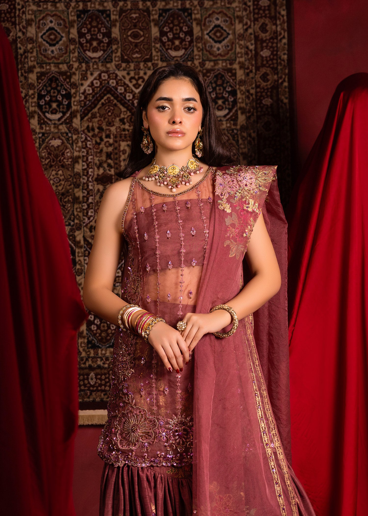 Pakistani Opera Mauve Embroidered Organza Short Shirt & Silk Gharara (3-Piece) - Image 3