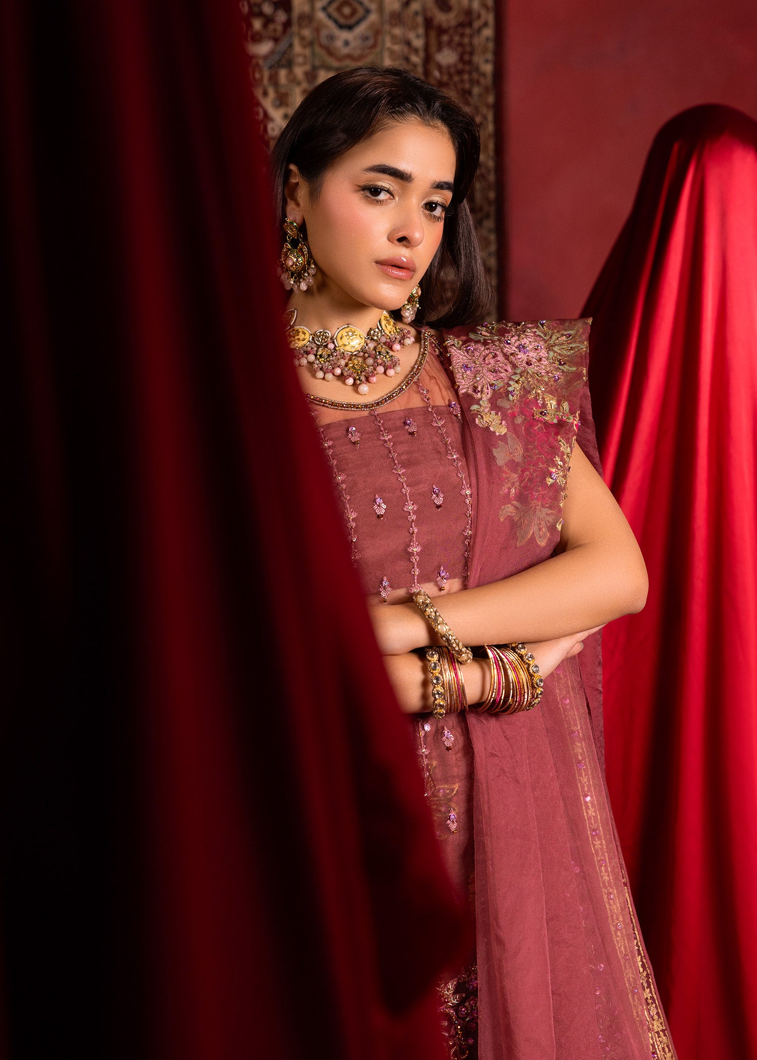 Pakistani Opera Mauve Embroidered Organza Short Shirt & Silk Gharara (3-Piece) - Image 4