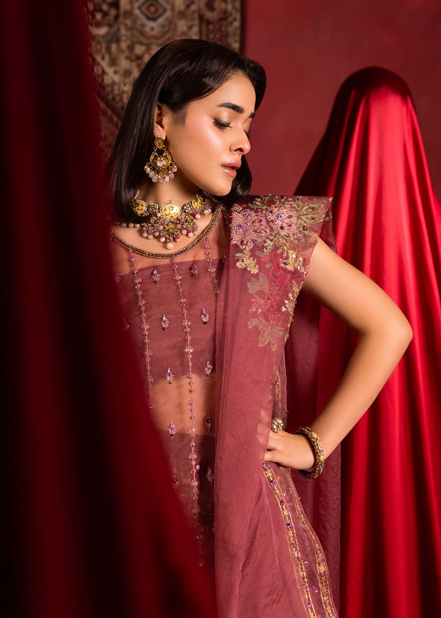 Pakistani Opera Mauve Embroidered Organza Short Shirt & Silk Gharara (3-Piece) - Image 5