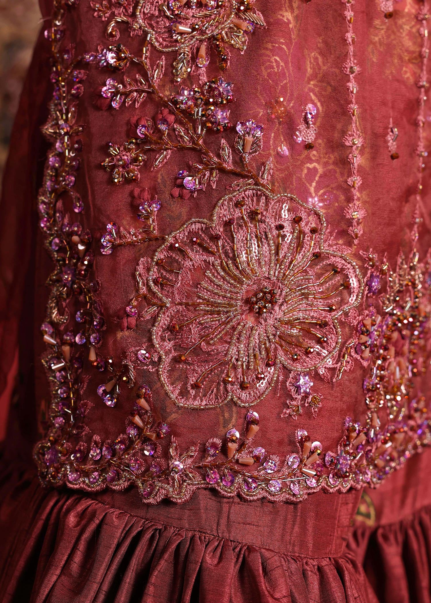 Pakistani Opera Mauve Embroidered Organza Short Shirt & Silk Gharara (3-Piece) - Image 6