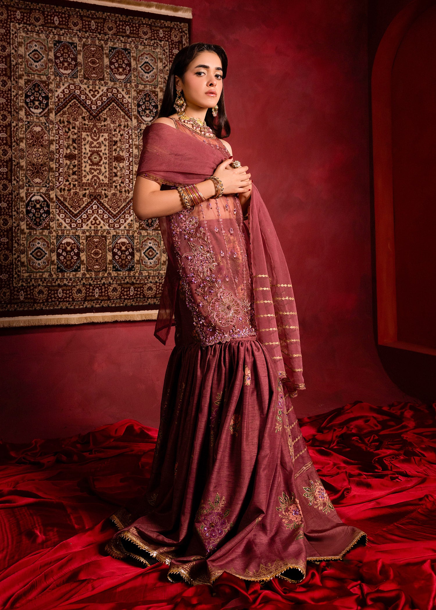 Pakistani Opera Mauve Embroidered Organza Short Shirt & Silk Gharara (3-Piece) - Image 7